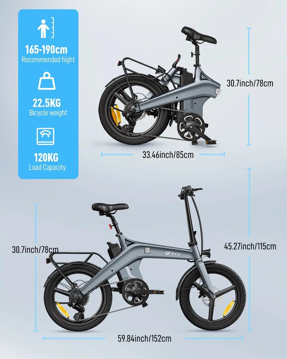 Bicicleta elétrica dobrável DYU T1 20", 250 W, sensor de binário 8/8