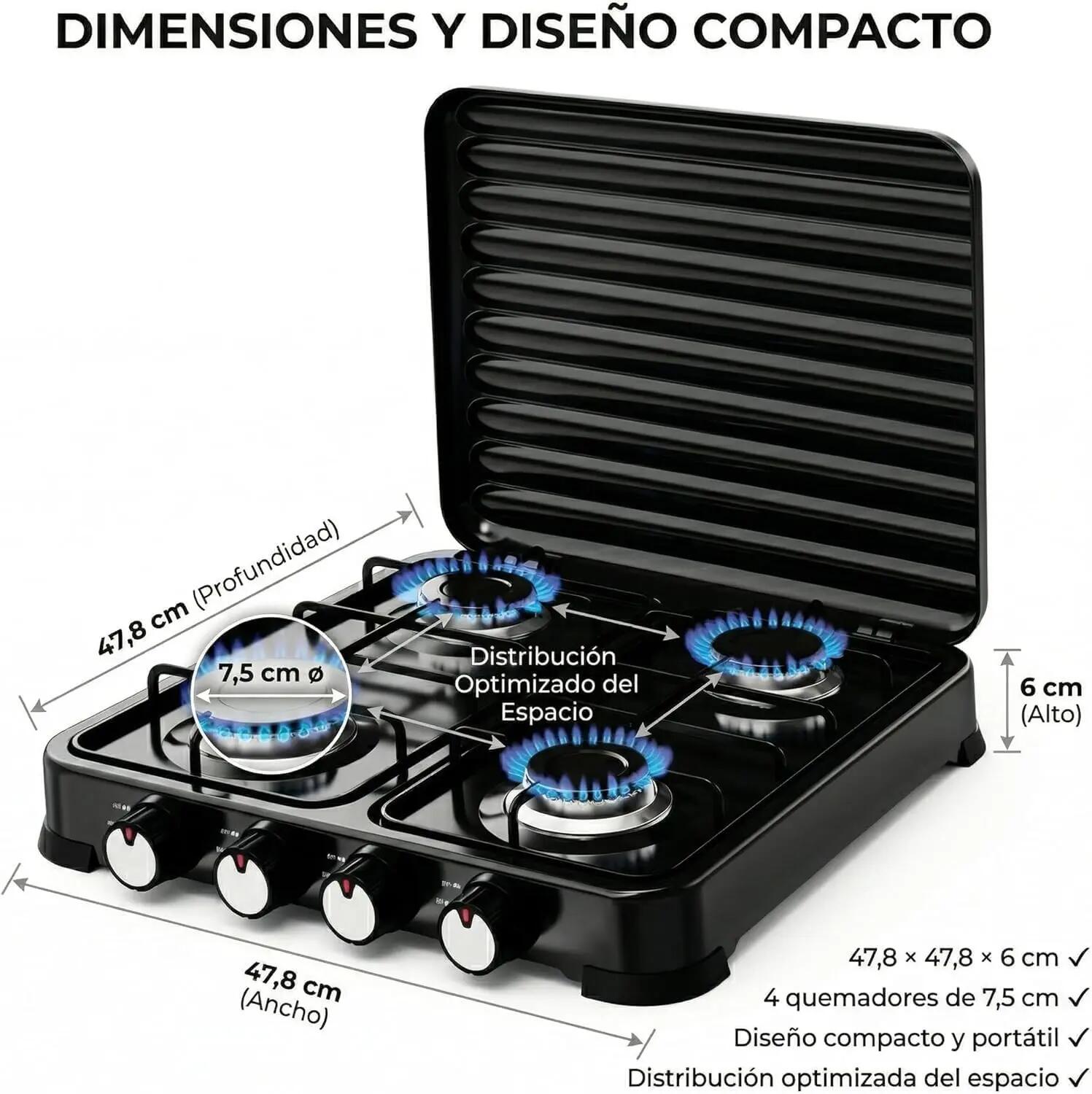 Cocina Hornillo de gas portatil 8,8kw, 4 quemadores y tapa, manguera de presión 3/7