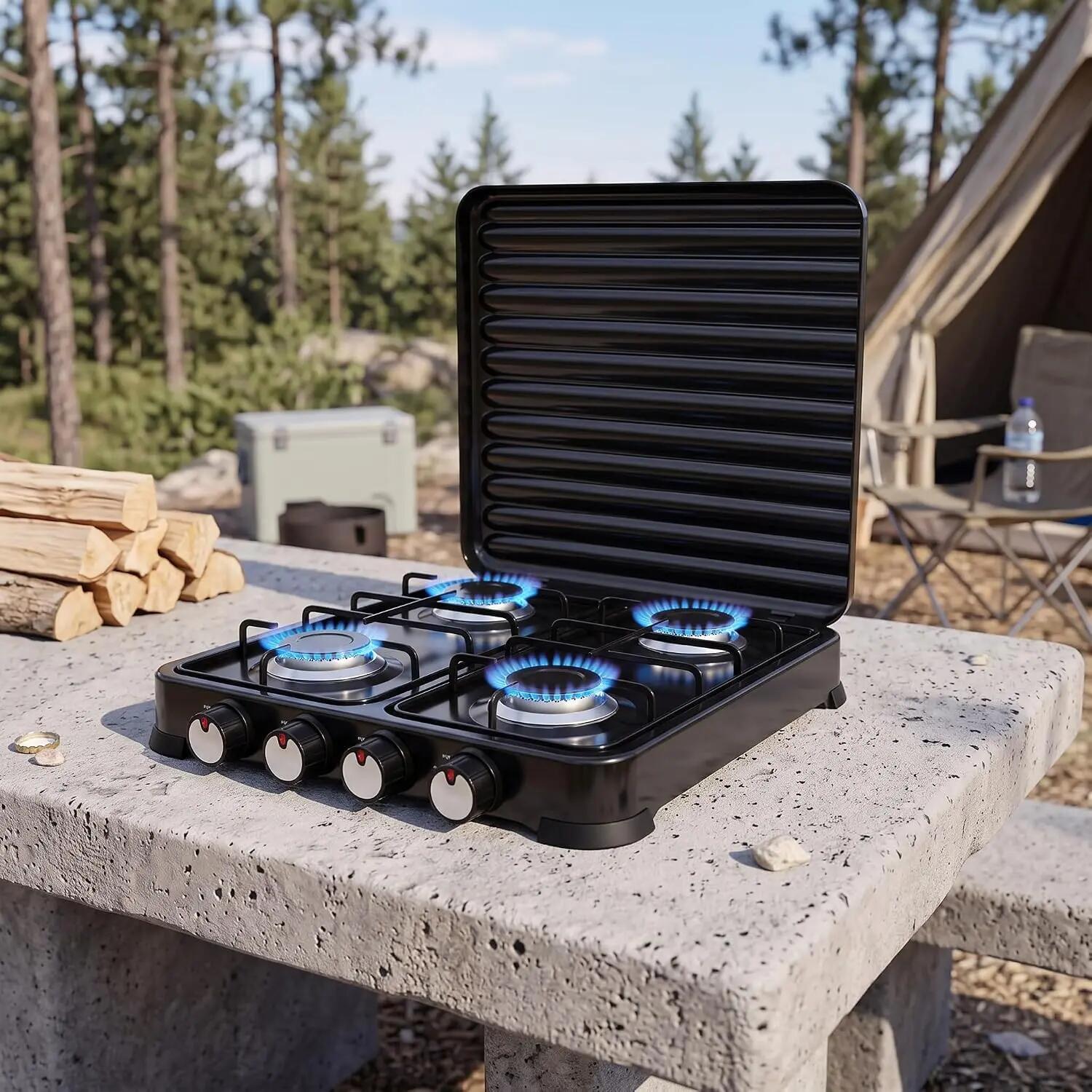 Cocina Hornillo de gas portatil 8,8kw, 4 quemadores y tapa, manguera de presión 2/7