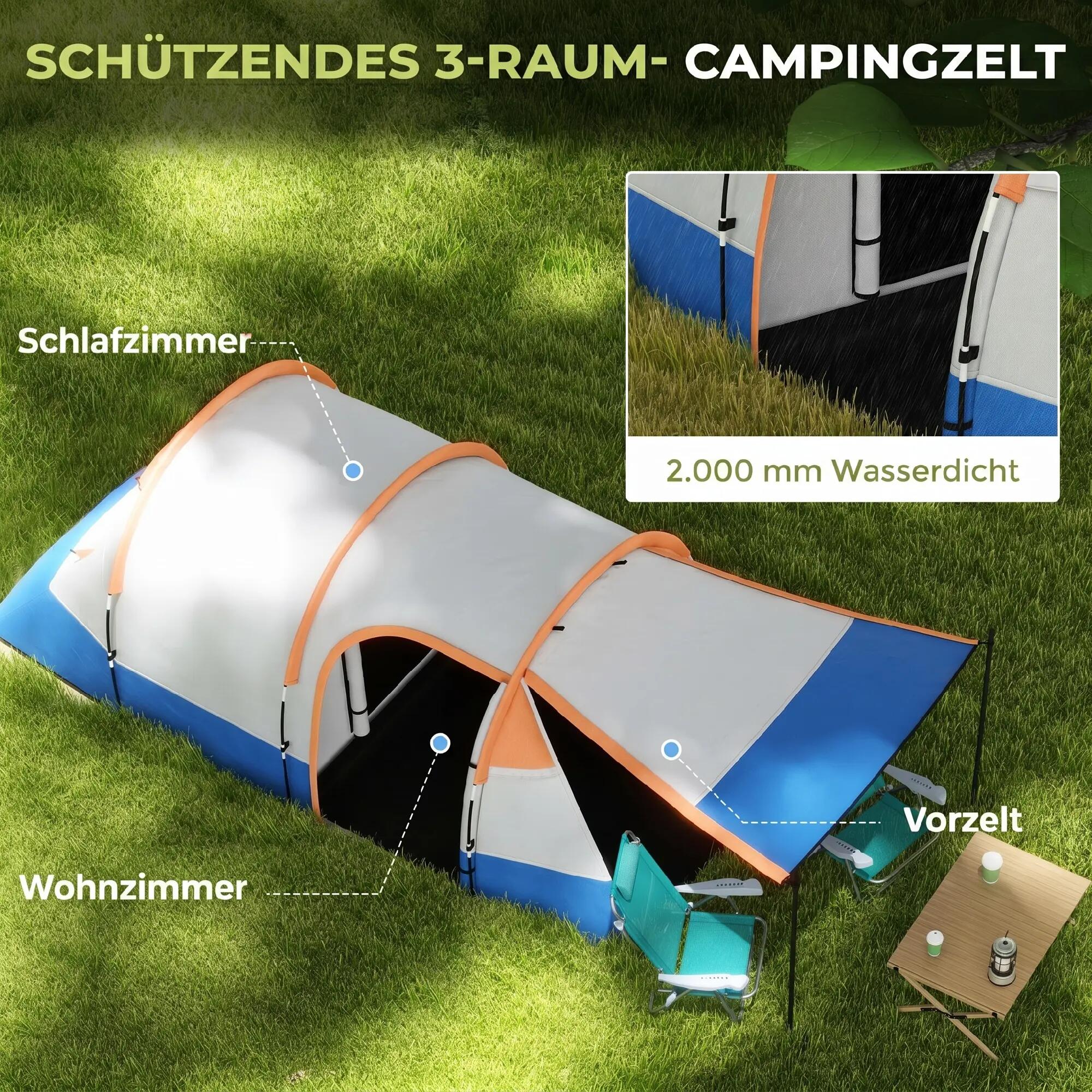 Tente - Camping - Tunnel imperméable, trois entrées - Orange 6/6