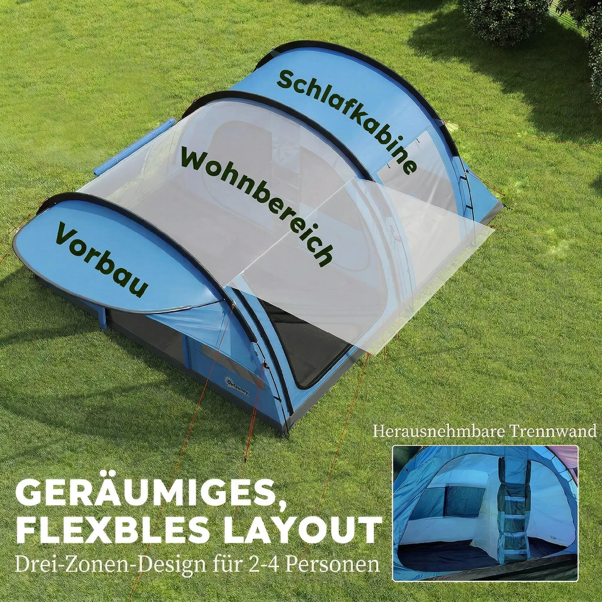 Tente tunnel familiale 4 personnes auvent fenêtres tapis sol hauteur debout 6/6