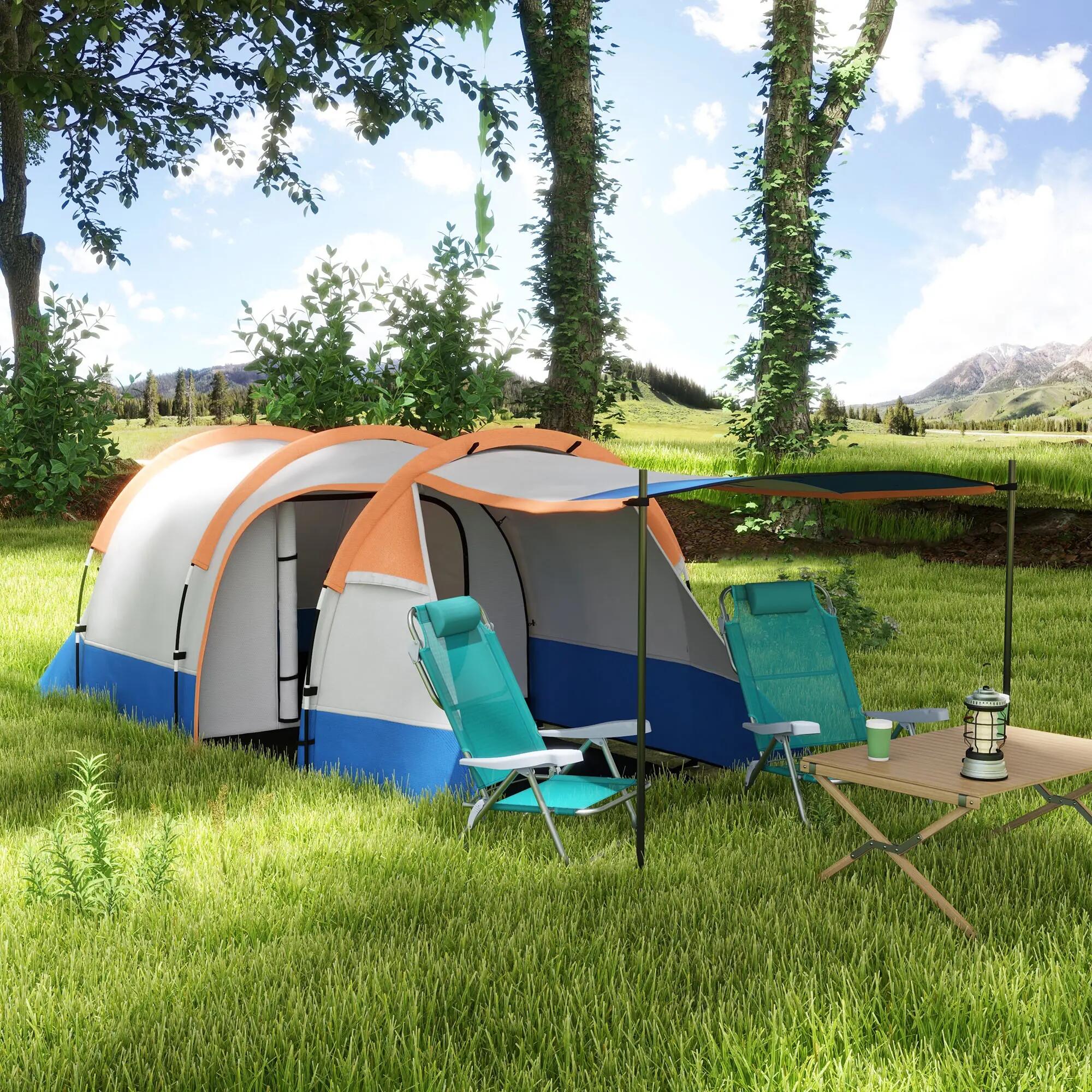 Tente - Camping - Tunnel imperméable, trois entrées - Orange 4/6