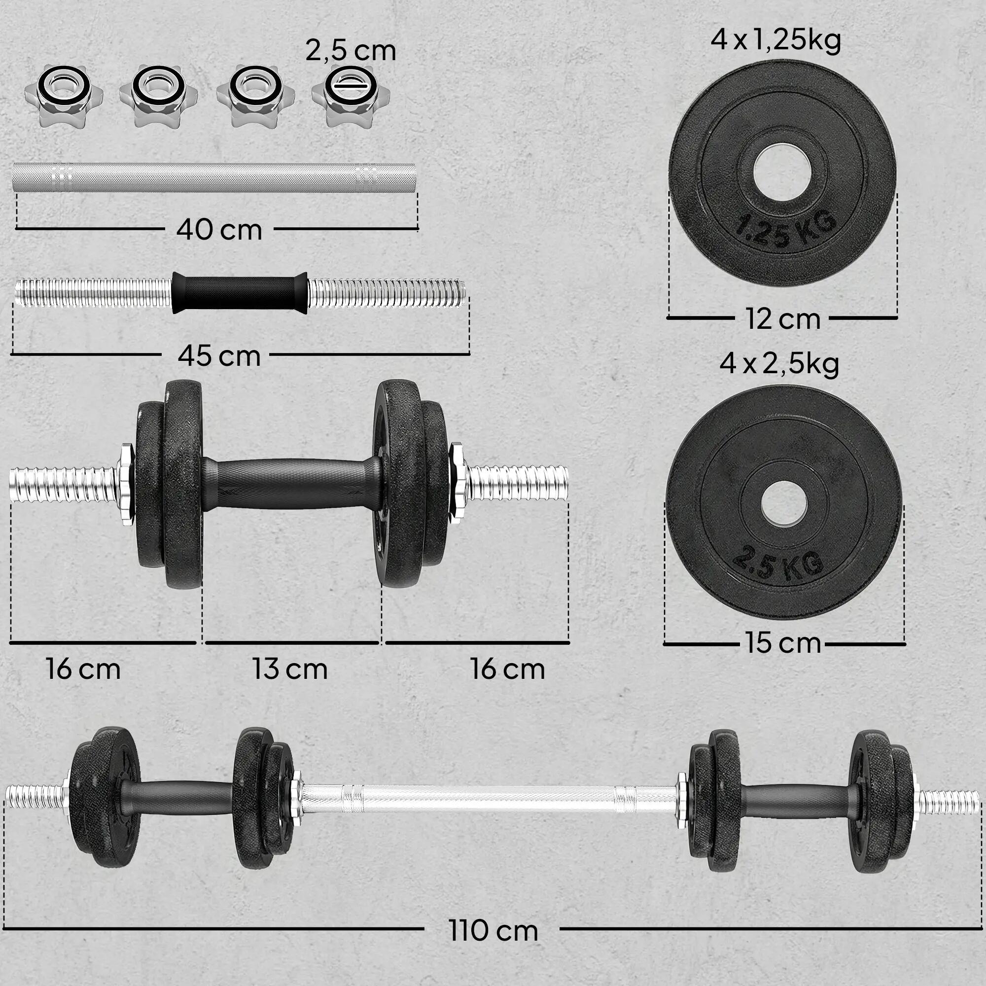 Ensemble d'haltères barre de musculation 2 en 1 - total 20 Kg - acier gris 3/5