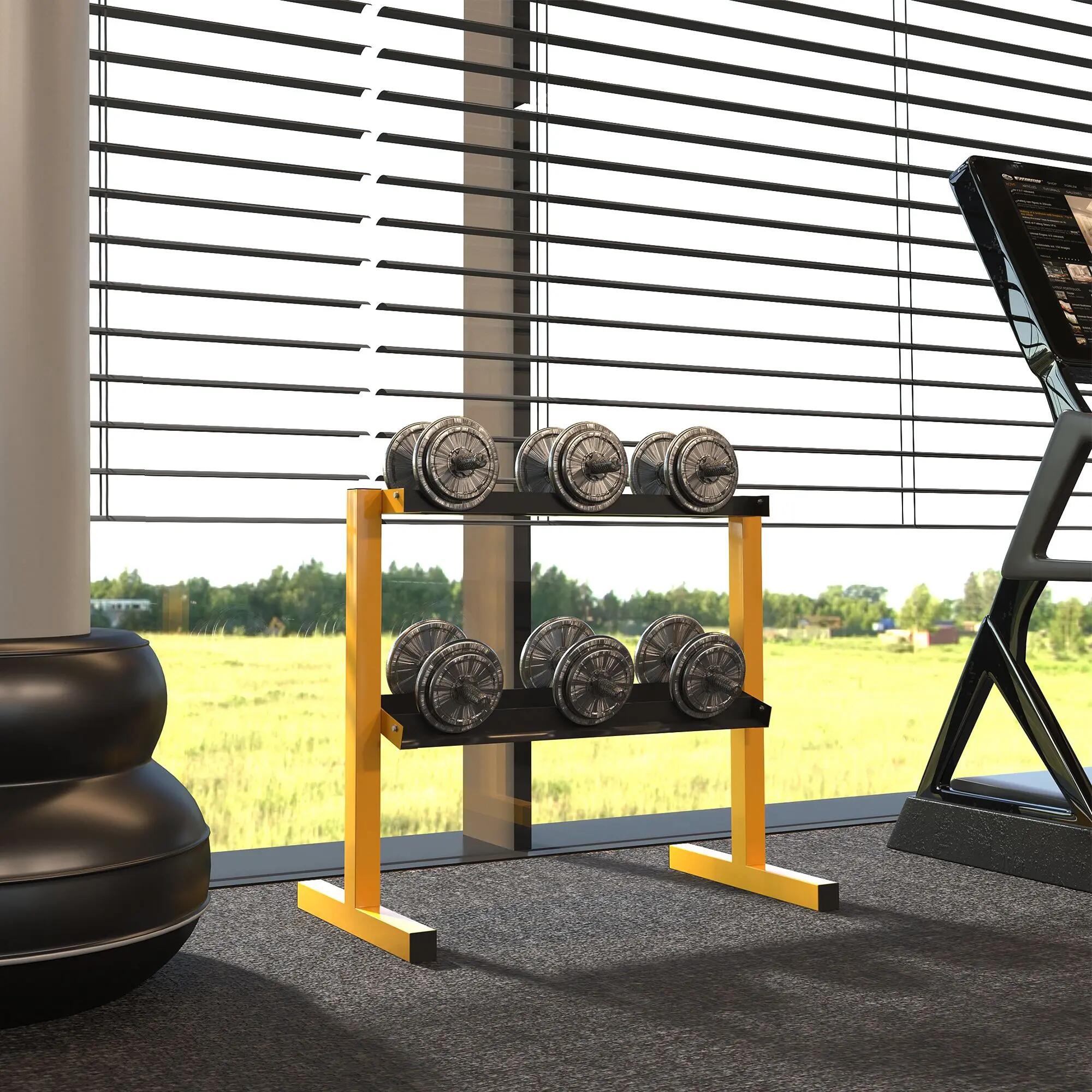 Support de rangement haltères - Fitness - 2 étagères - Acier - Jaune 4/6