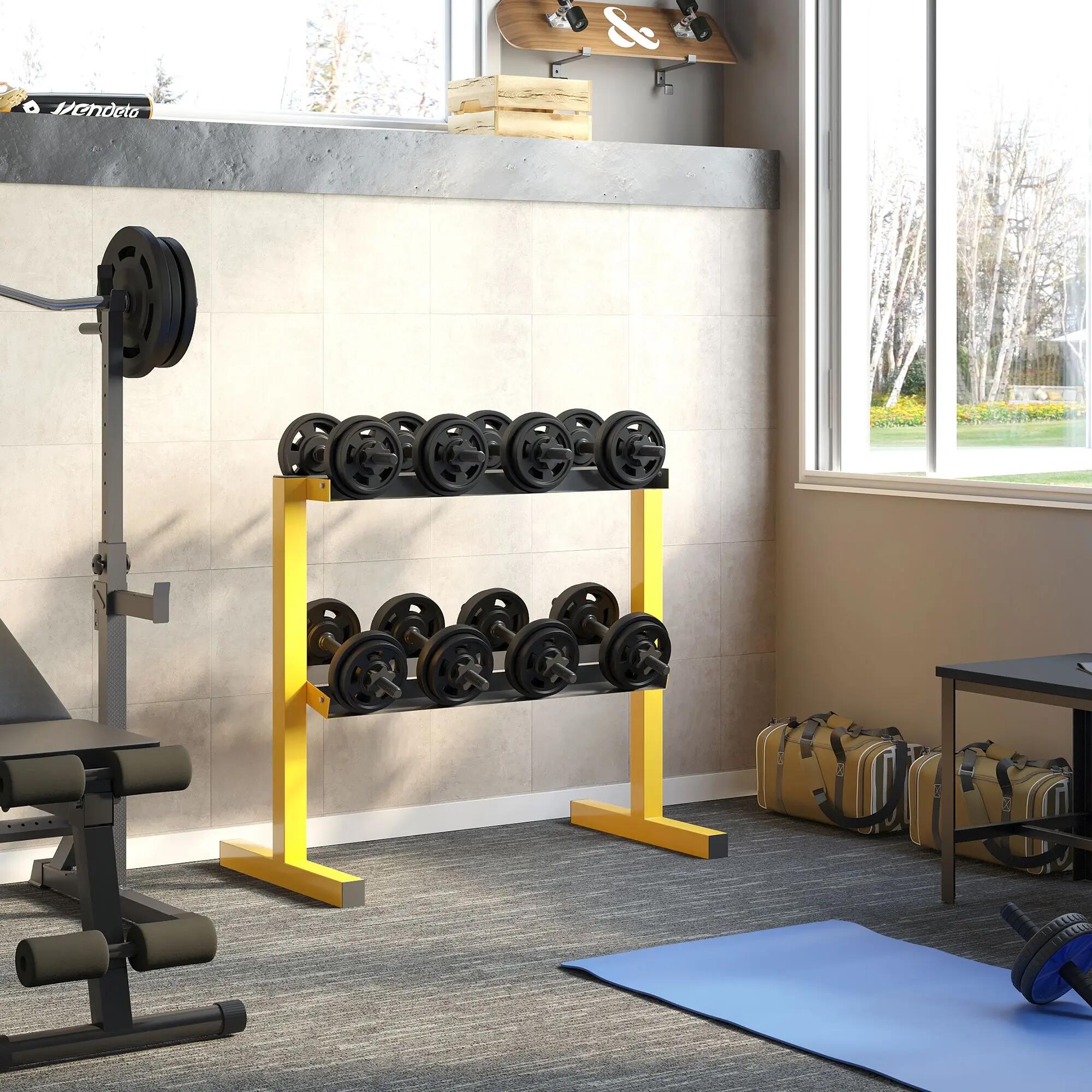 Support de rangement haltères - Fitness - 2 étagères - Acier - Jaune 3/6