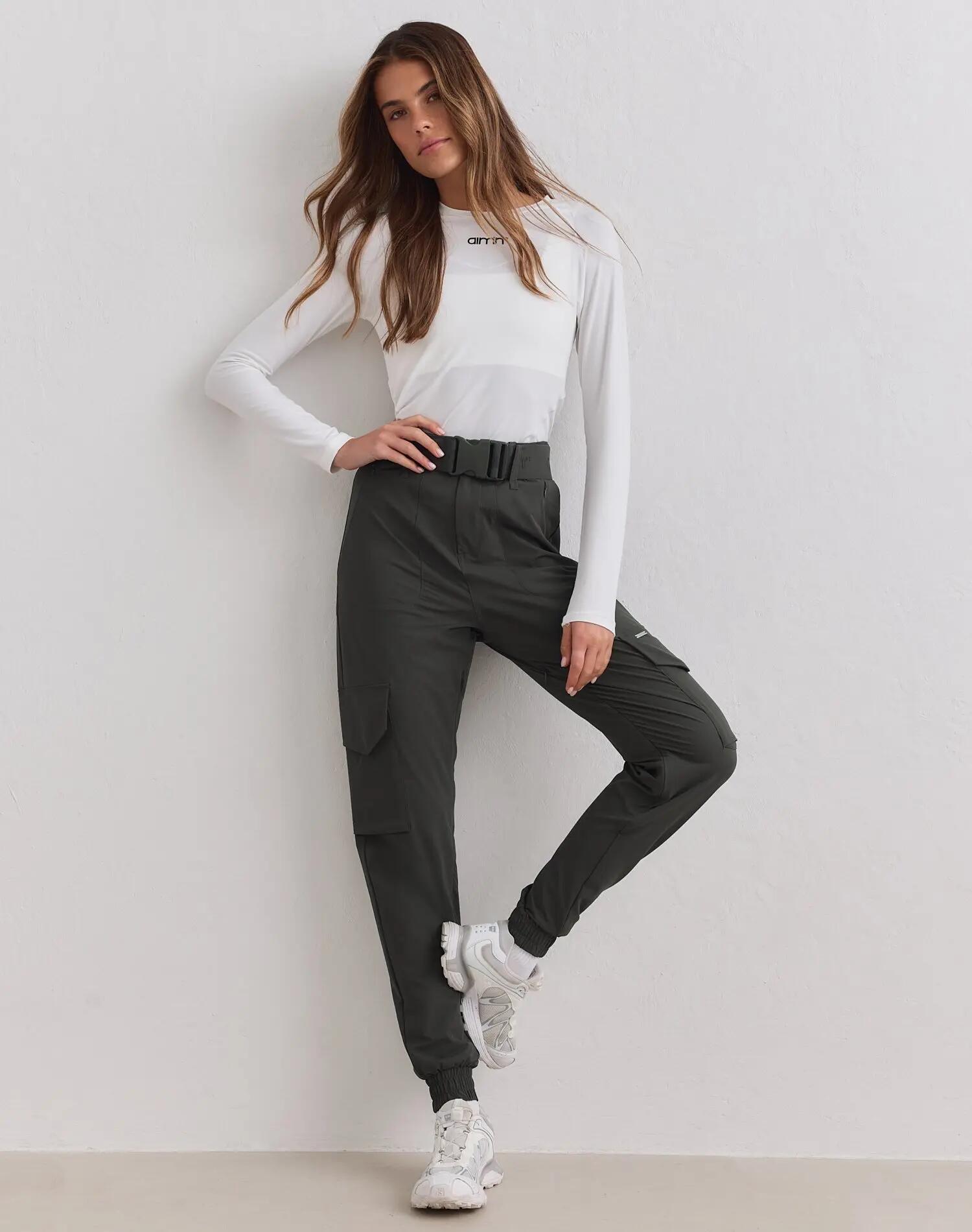 Pantaloni Cargo Donna Vita Alta Idrorepellenti Elastici Affusolati Edera Scura 4/4