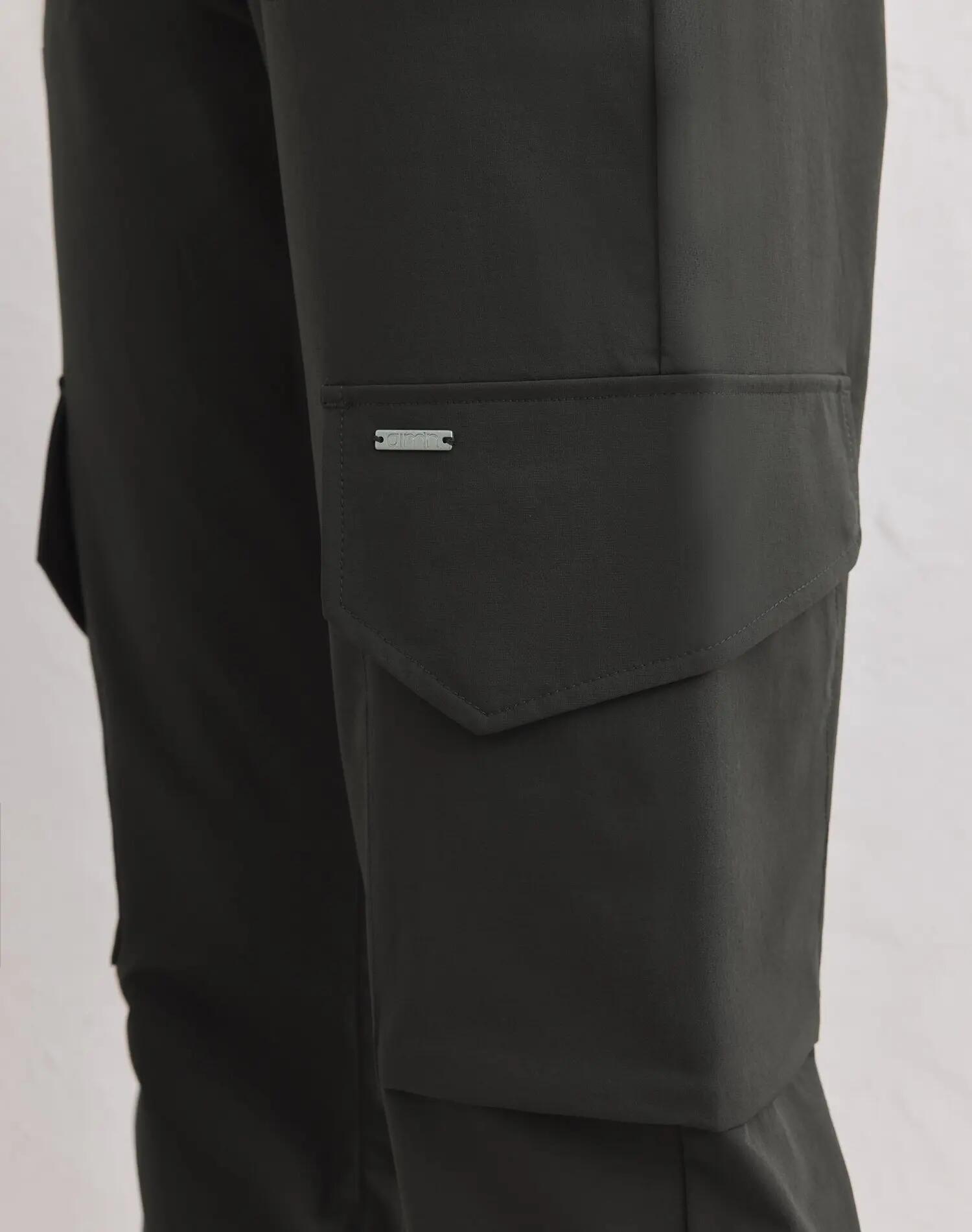 Pantaloni Cargo Donna Vita Alta Idrorepellenti Elastici Affusolati Edera Scura 3/4