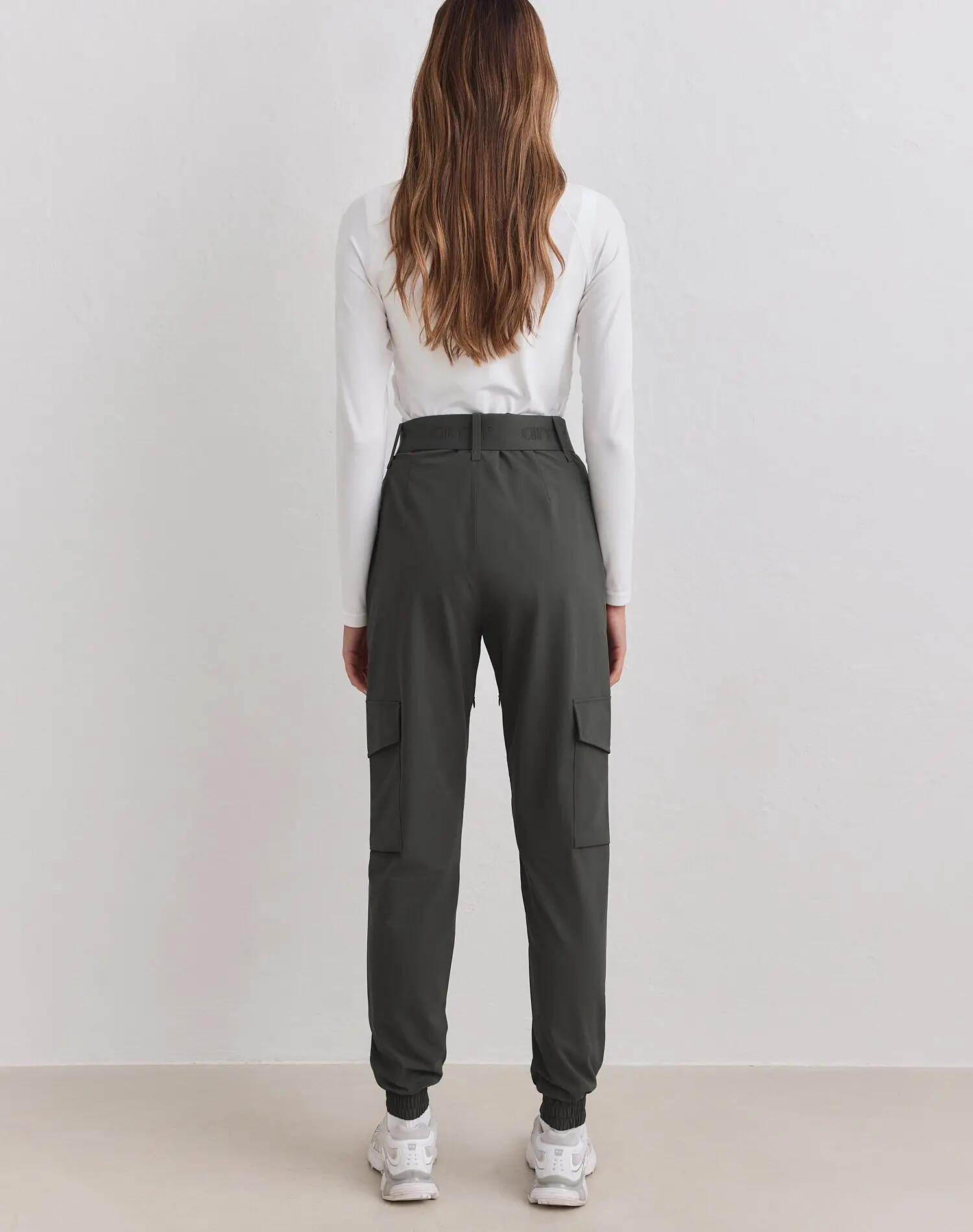 Pantaloni Cargo Donna Vita Alta Idrorepellenti Elastici Affusolati Edera Scura 2/4