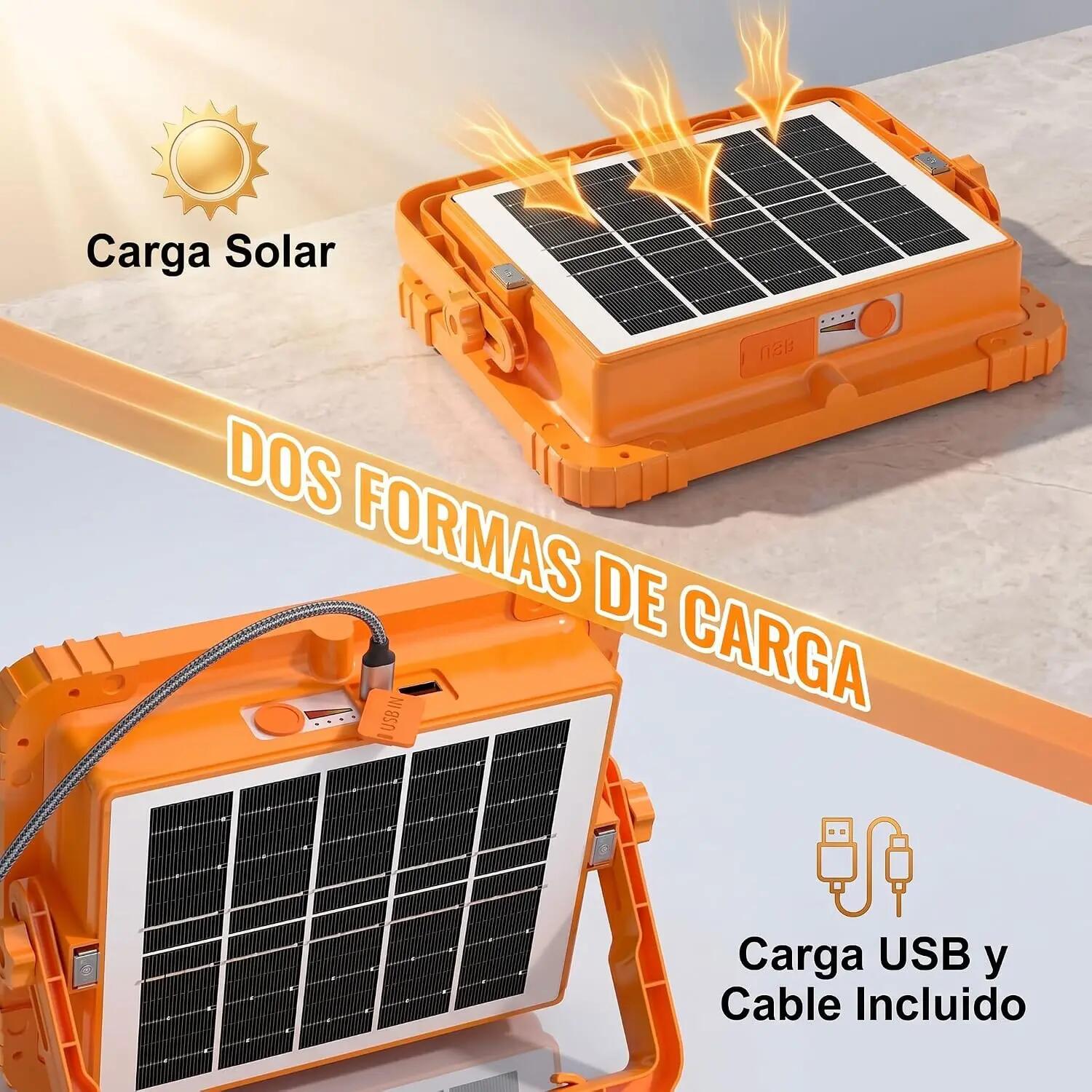 Foco LED Recargable, Luz Portátil USB o Solar 200W, 336 LED, Impermeable IP66 4/6
