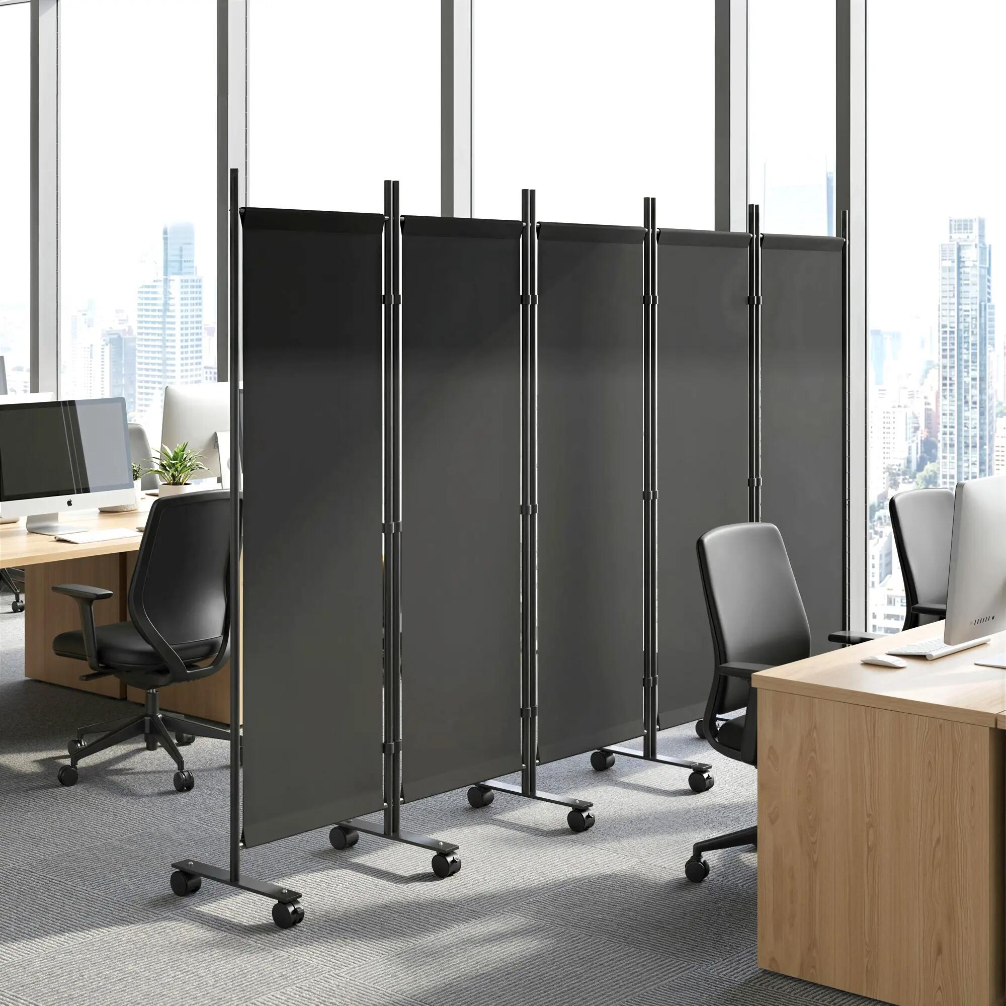 Biombo plegable 5 paneles con ruedas negro 5/5