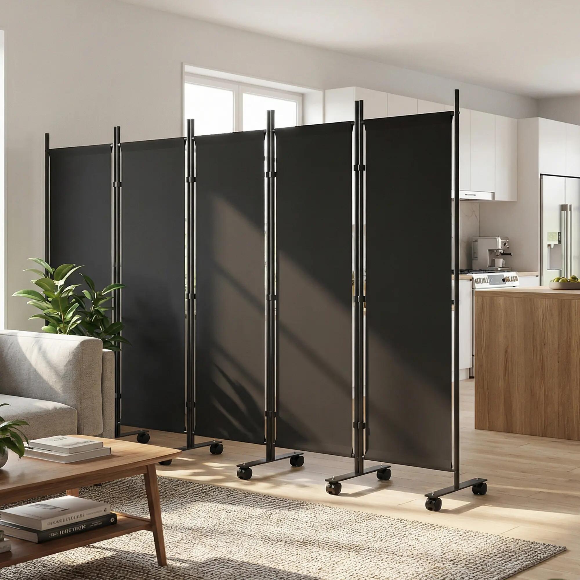 Biombo plegable 5 paneles con ruedas negro 4/5