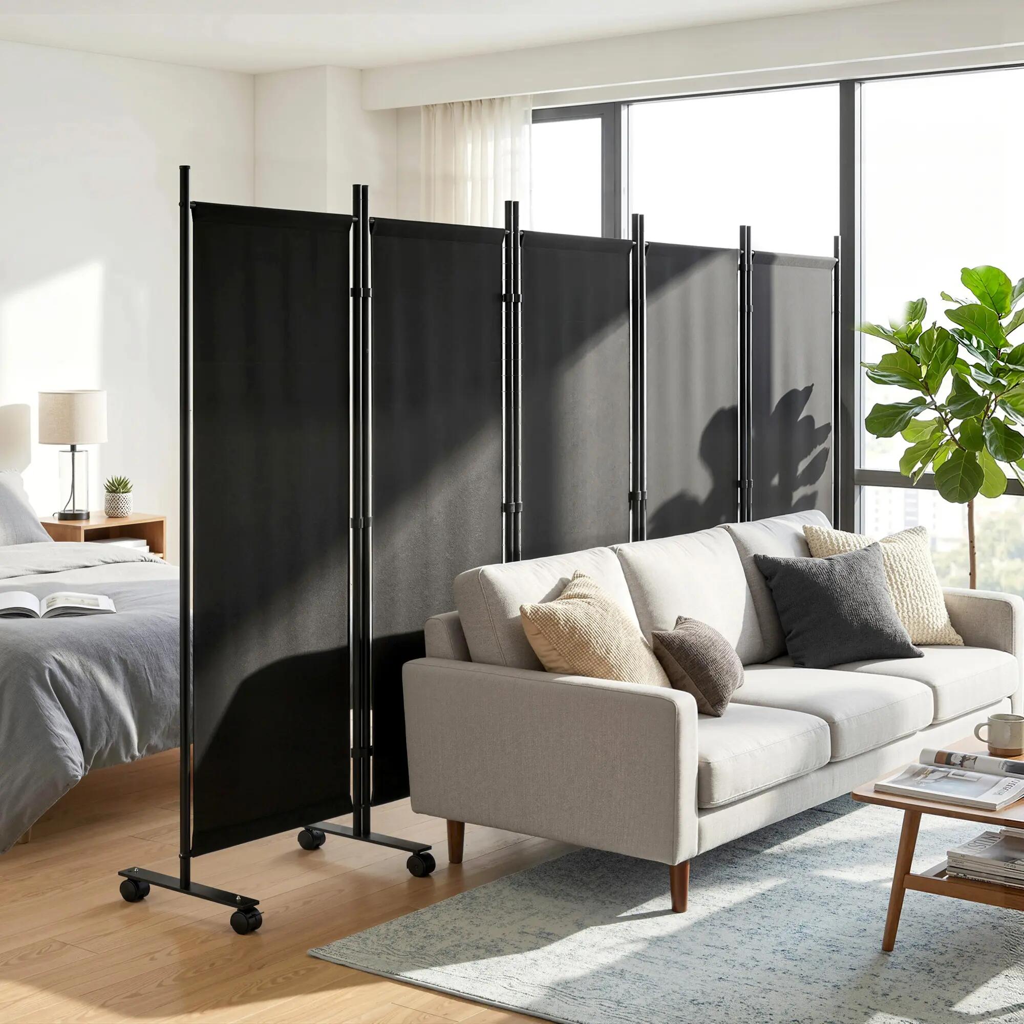 Biombo plegable 5 paneles con ruedas negro 2/5