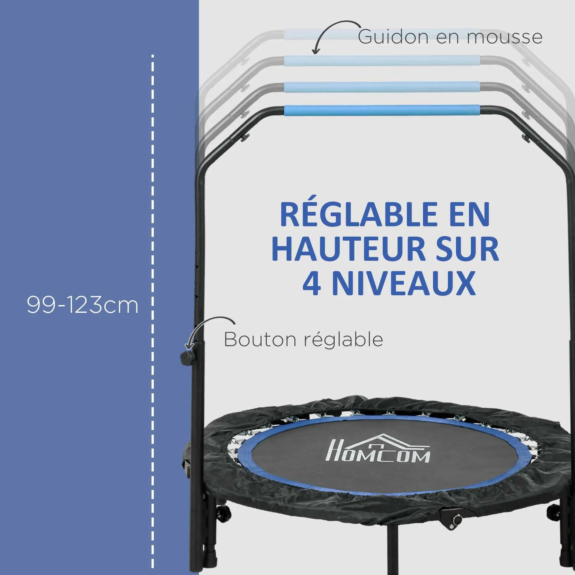 Trampoline poignée ajustable pliable 28 ressorts 6 pieds 102 cm noir bleu 6/6
