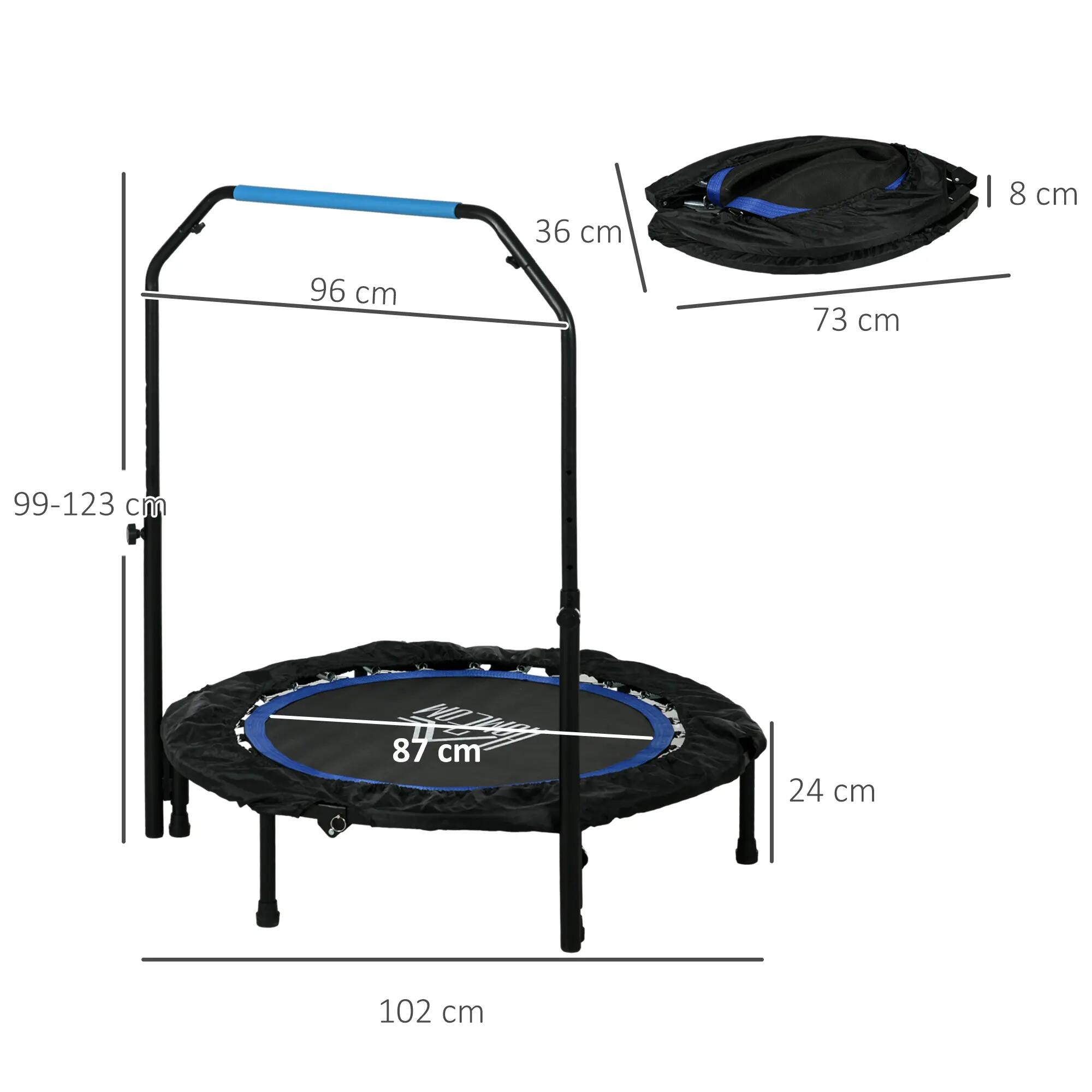 Trampoline poignée ajustable pliable 28 ressorts 6 pieds 102 cm noir bleu 5/6