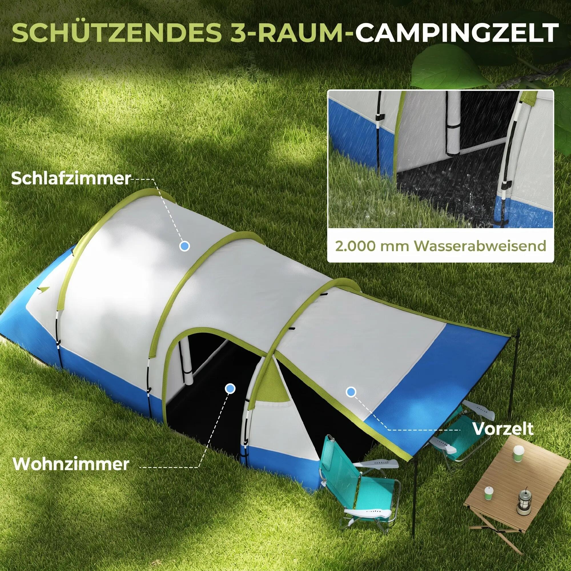 Tente de camping - Tunnel imperméable, 3 entrées - Verte 6/6