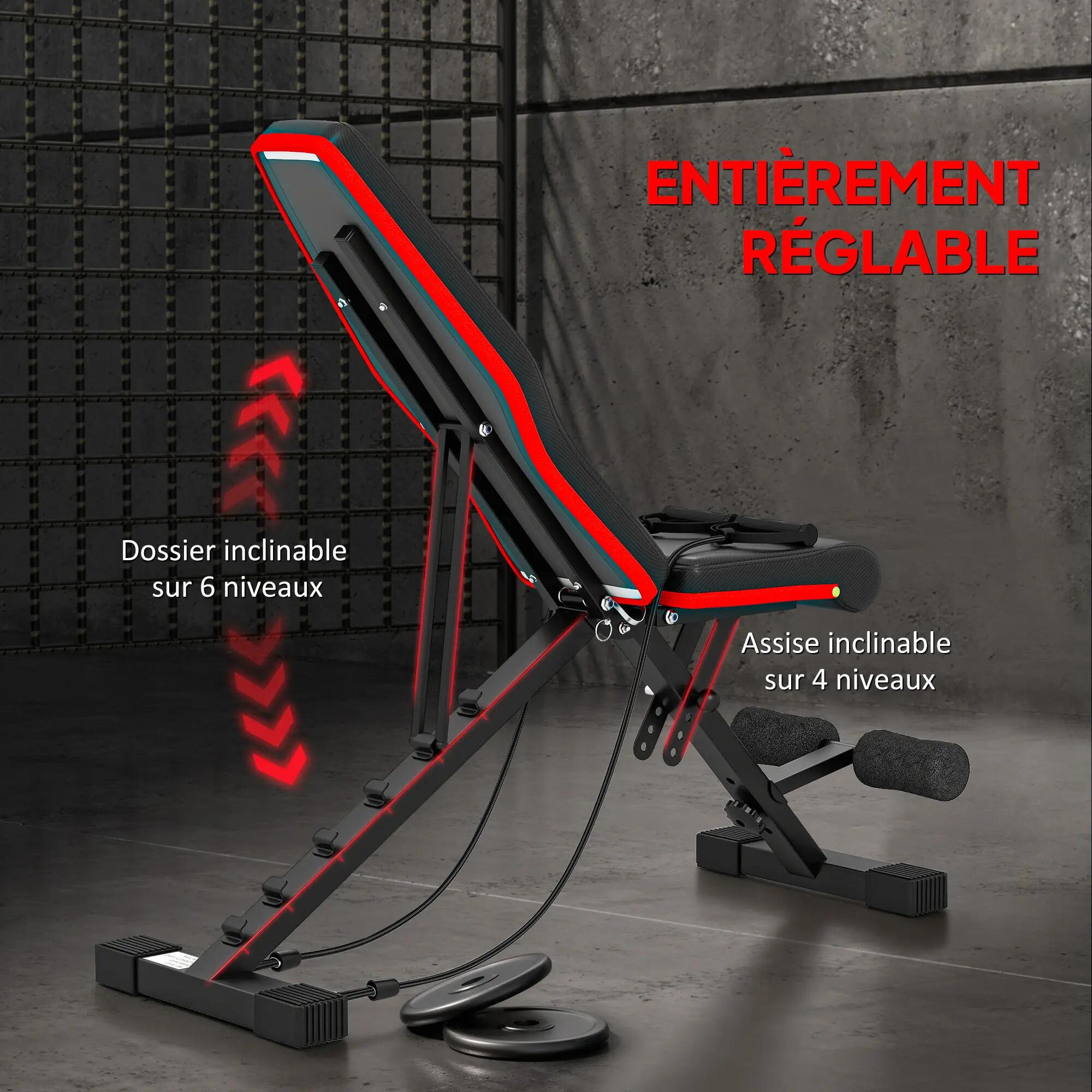 Banc de musculation pliable avec dossier réglable (6 positions), assise réglable 6/9