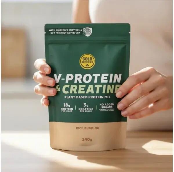 Pudra proteica vegetala V-Protein + Creatina, orez cu lapte, GoldNutrition, 240g 4/4
