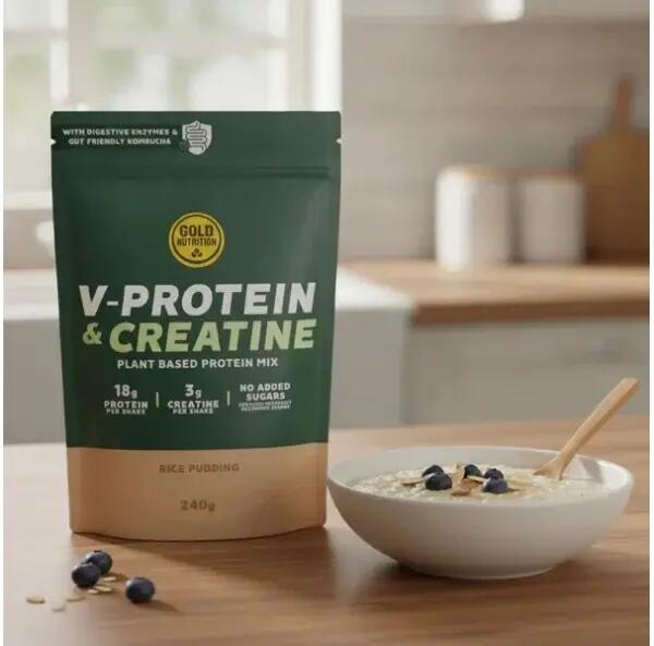 Pudra proteica vegetala V-Protein + Creatina, orez cu lapte, GoldNutrition, 240g 2/4