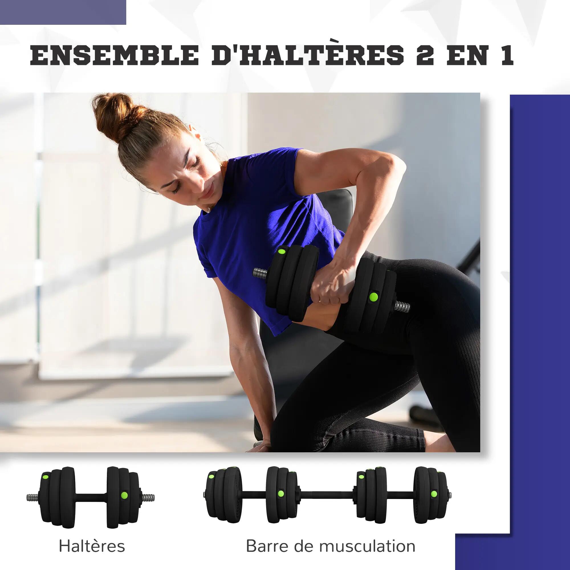 Haltères 2 en 1 réglables - haltères libres 25 Kg - barres incluses - noir vert 5/5