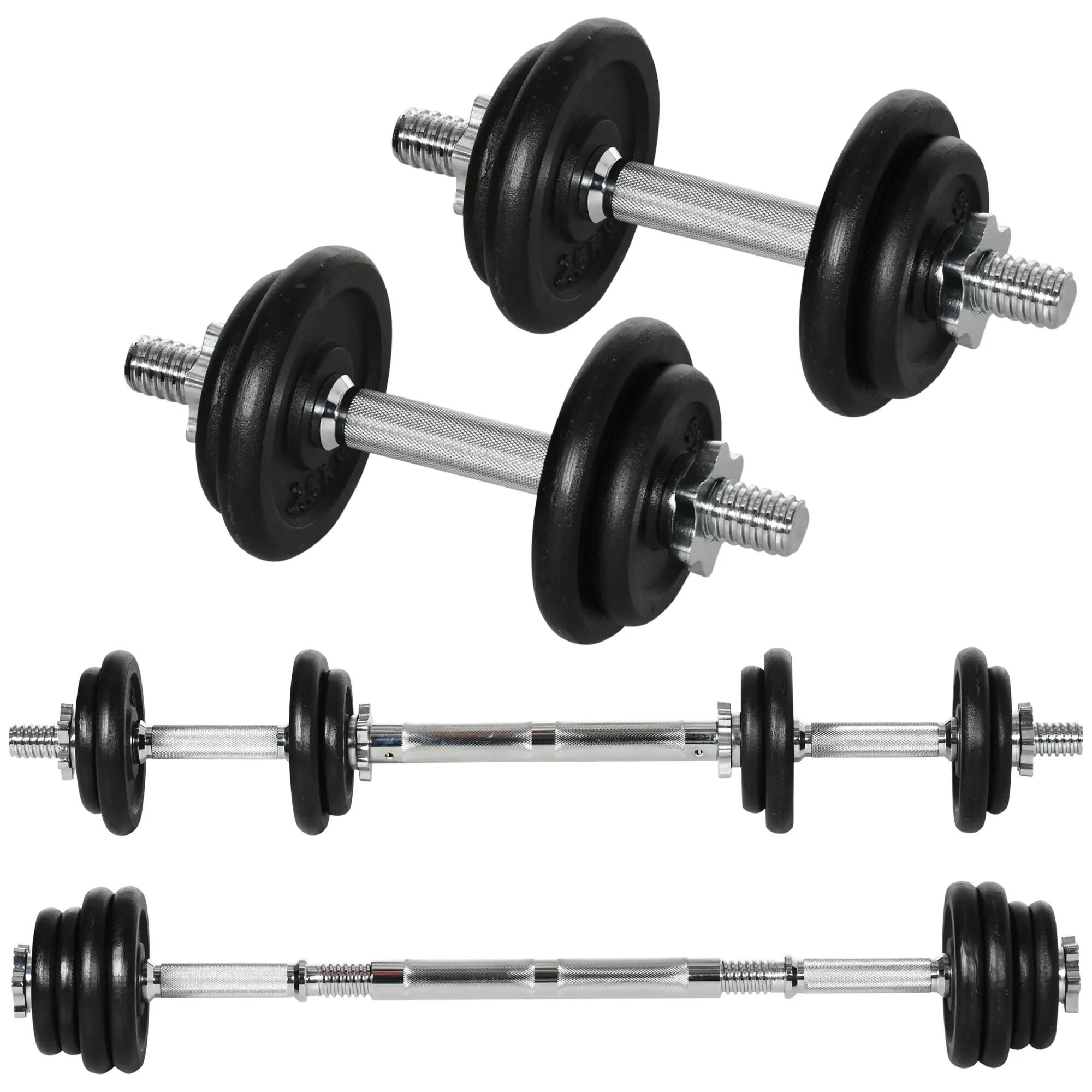 Haltère, barre d'haltères, 2 en 1, 20 kg, 8 disques de poids, acier inoxydable, 2/9