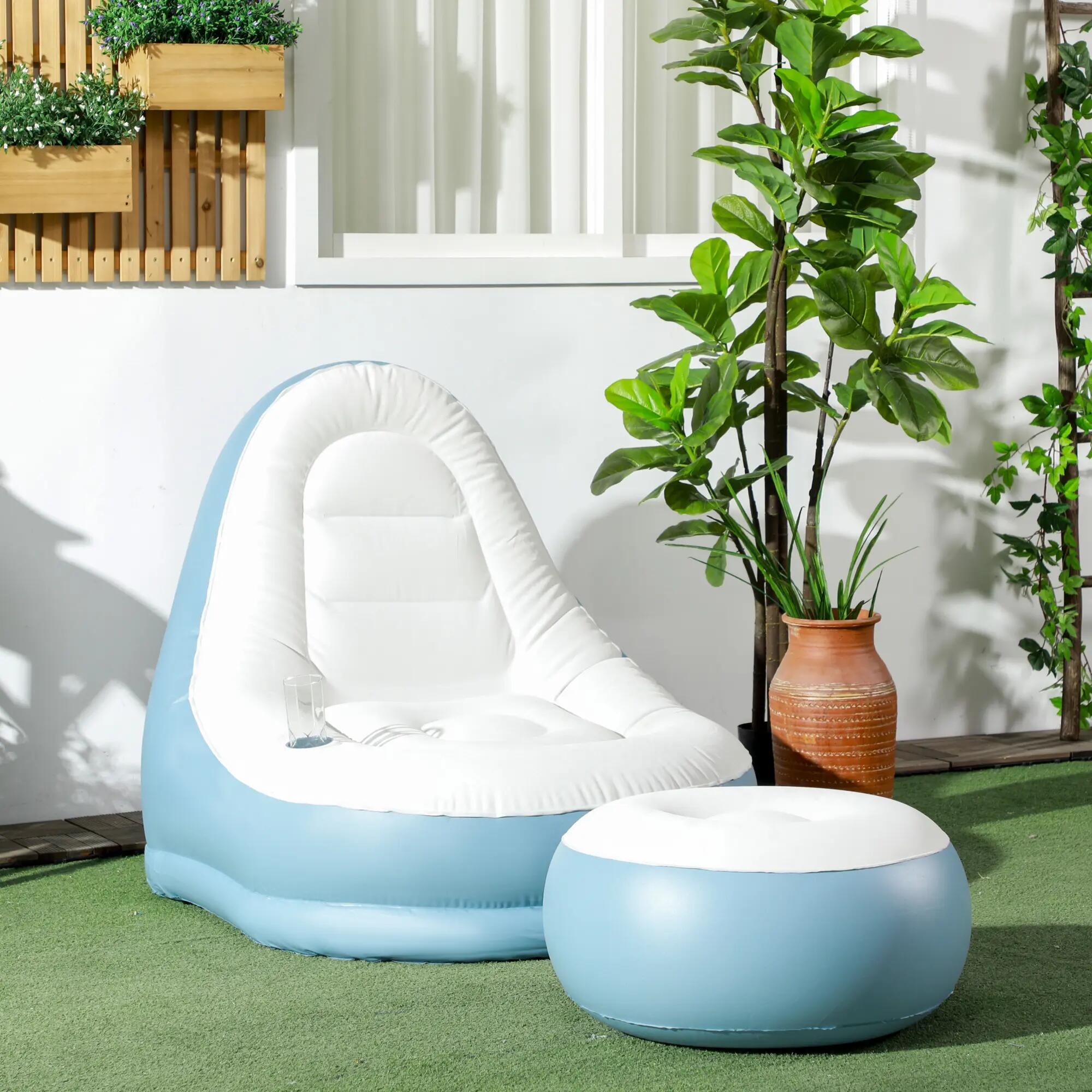 canapé gonflable - camping - unisexe - ergonomique, pliable - blanc et bleu 4/6