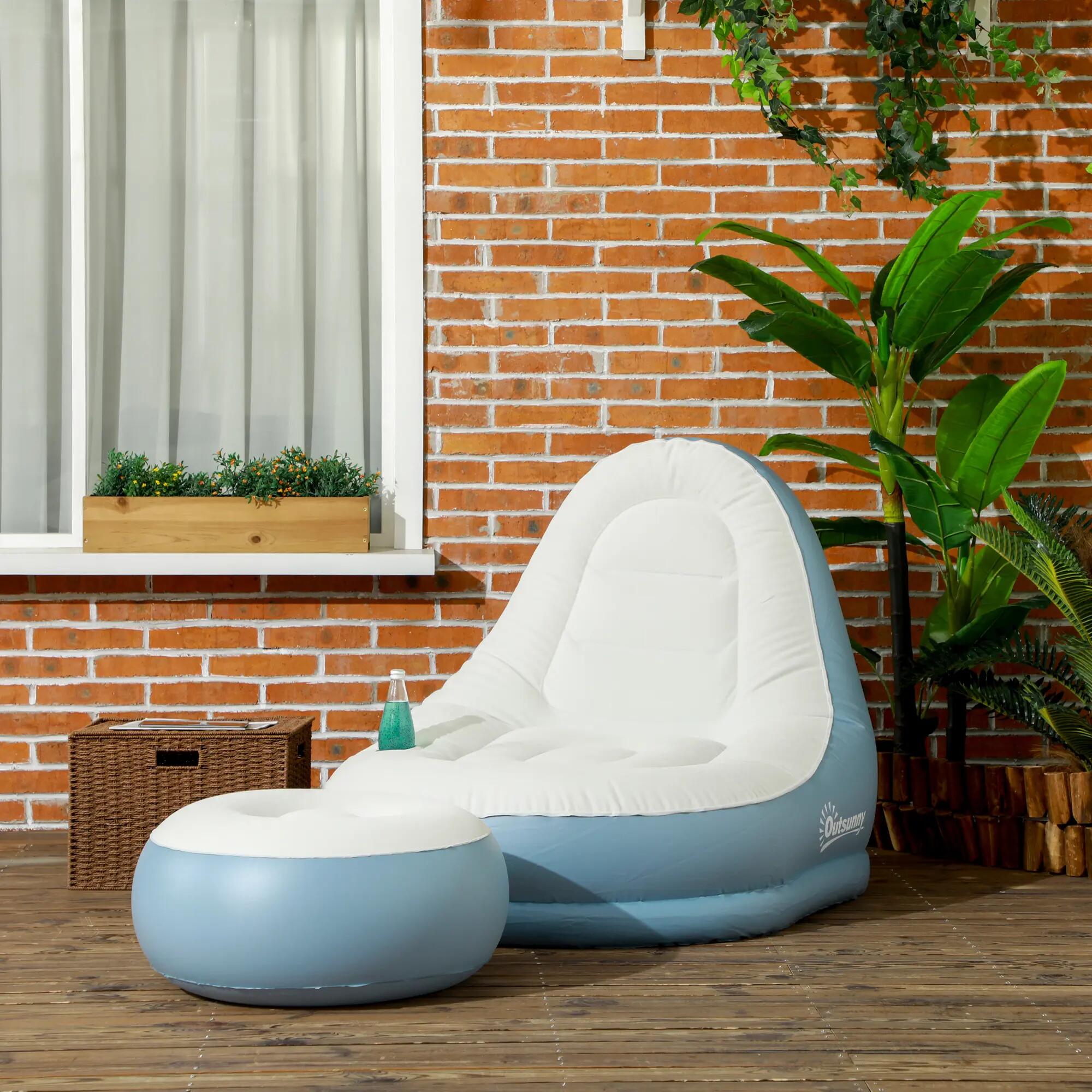 canapé gonflable - camping - unisexe - ergonomique, pliable - blanc et bleu 3/6