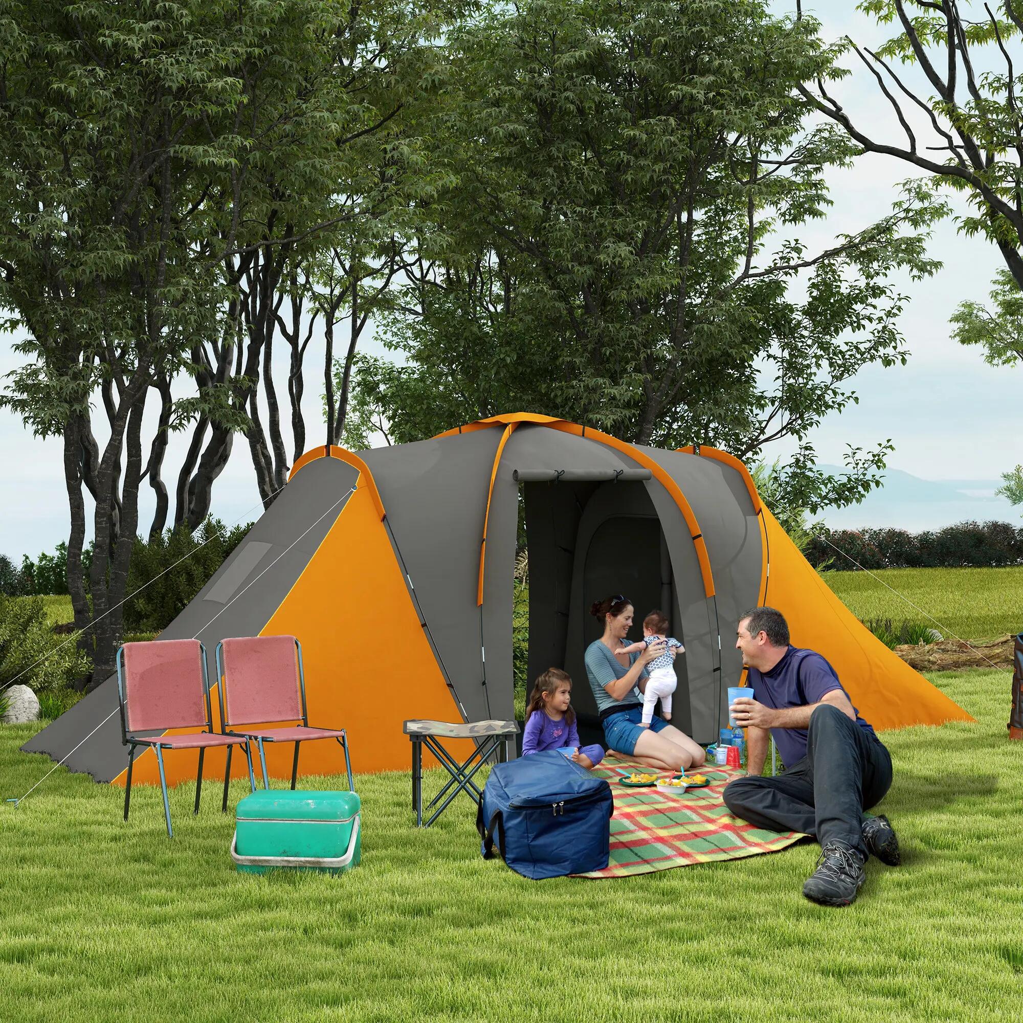 Tente tunnel - Plein air - 2 chambres - Gris/orange 4/6