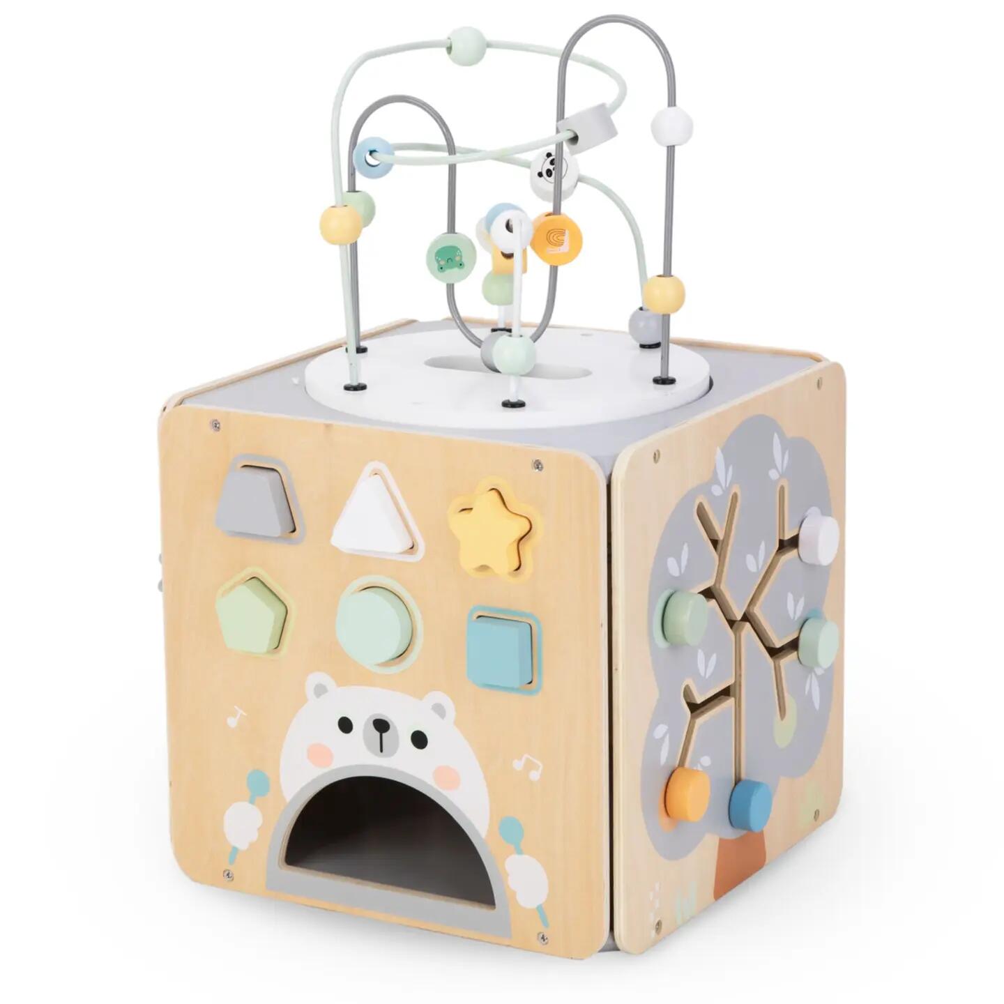 Grote houten Montessori activiteitenkubus met motorieklus 34 x 52 cm 6/14