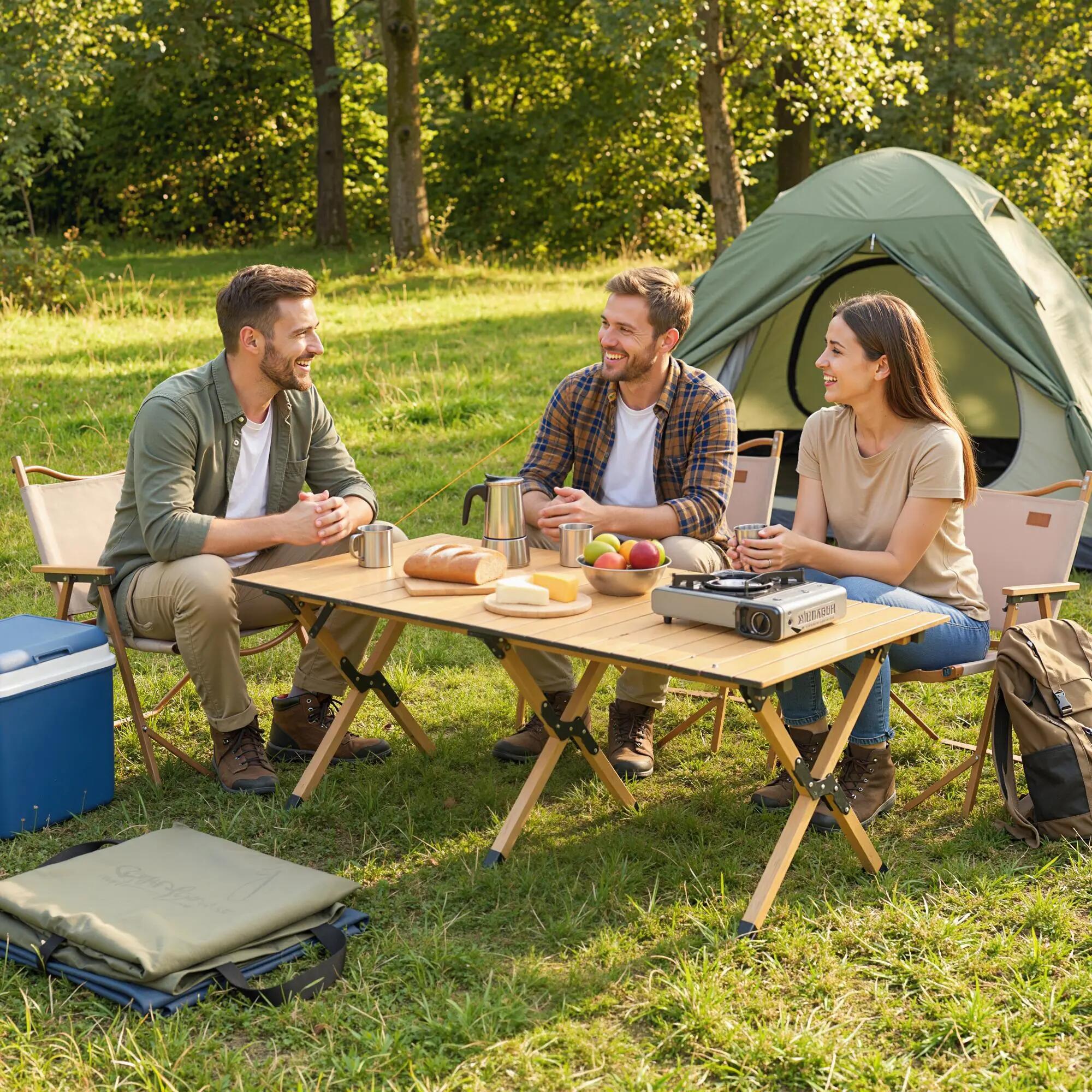 table pliante - camping - rectangulaire aspect bois - double pliage - naturel 4/6