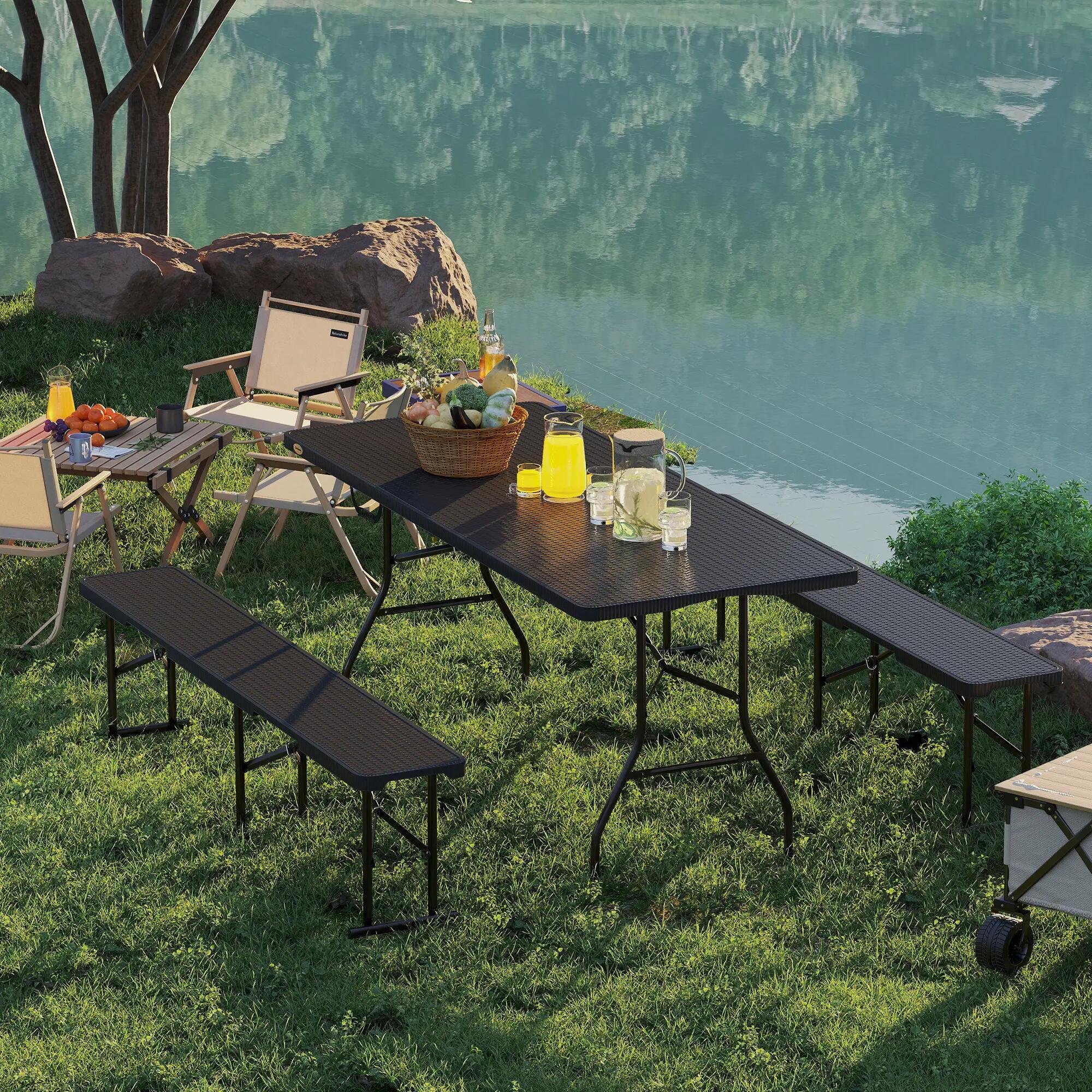 Table pliante - Camping - Unisexe - Effet rotin, Pliable, Poignées - Noir 4/6