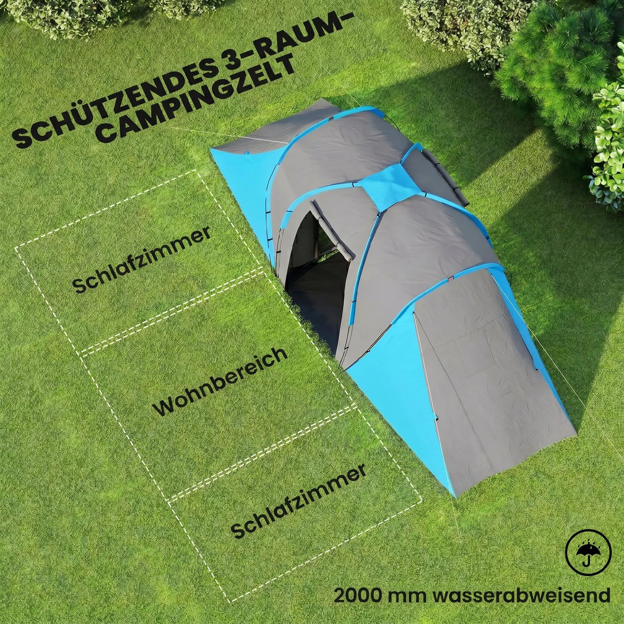 Tente tunnel - Camping - 2 chambres, 2000 mm - Gris/bleu 6/6
