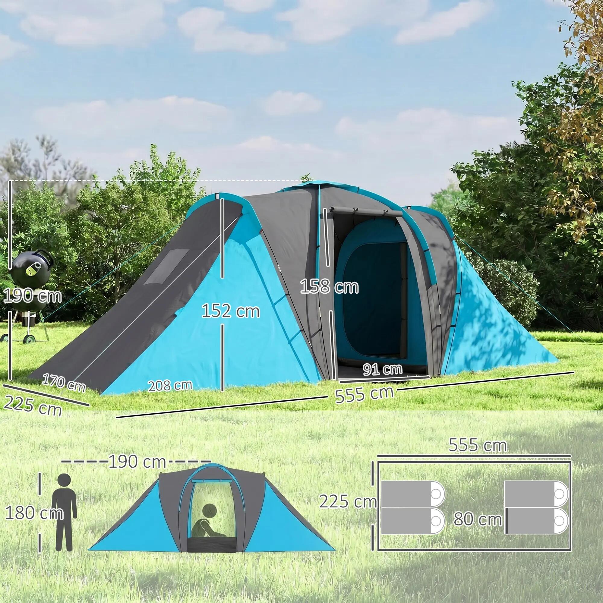Tente tunnel - Camping - 2 chambres, 2000 mm - Gris/bleu 5/6