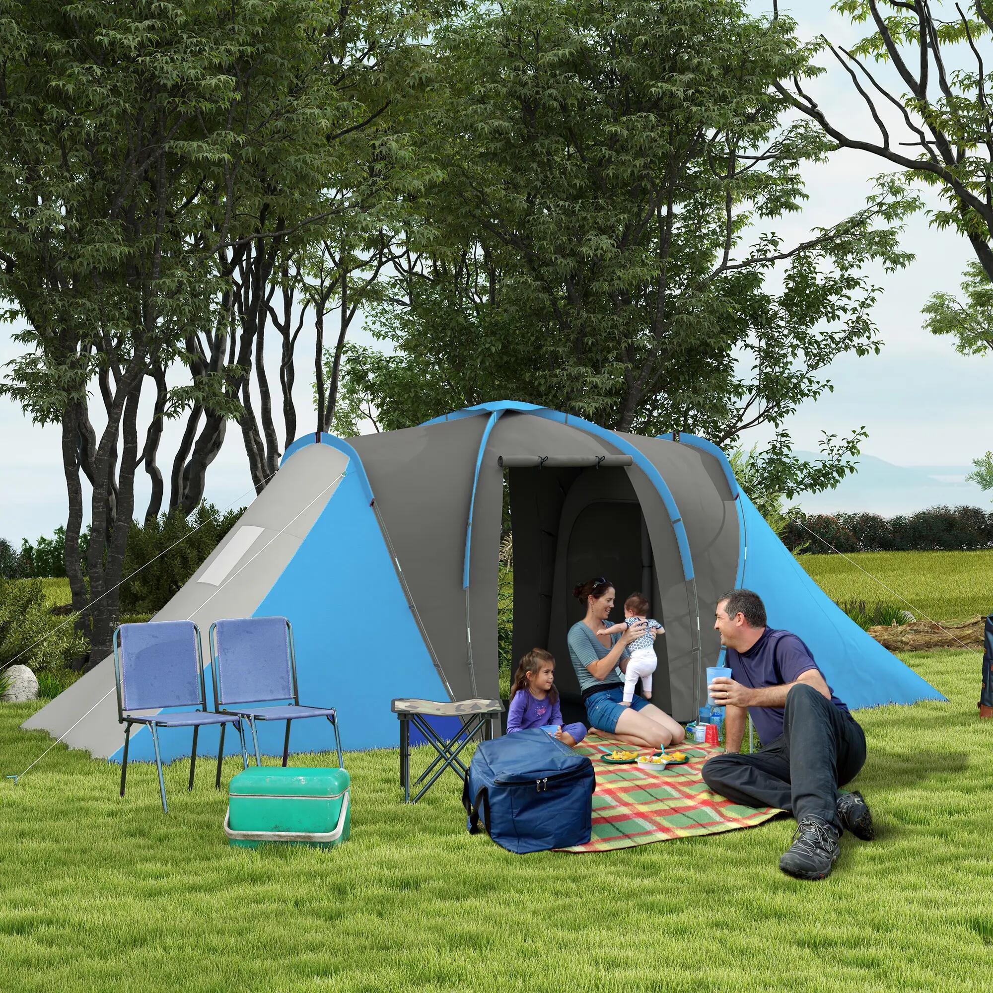 Tente tunnel - Camping - 2 chambres, 2000 mm - Gris/bleu 4/6