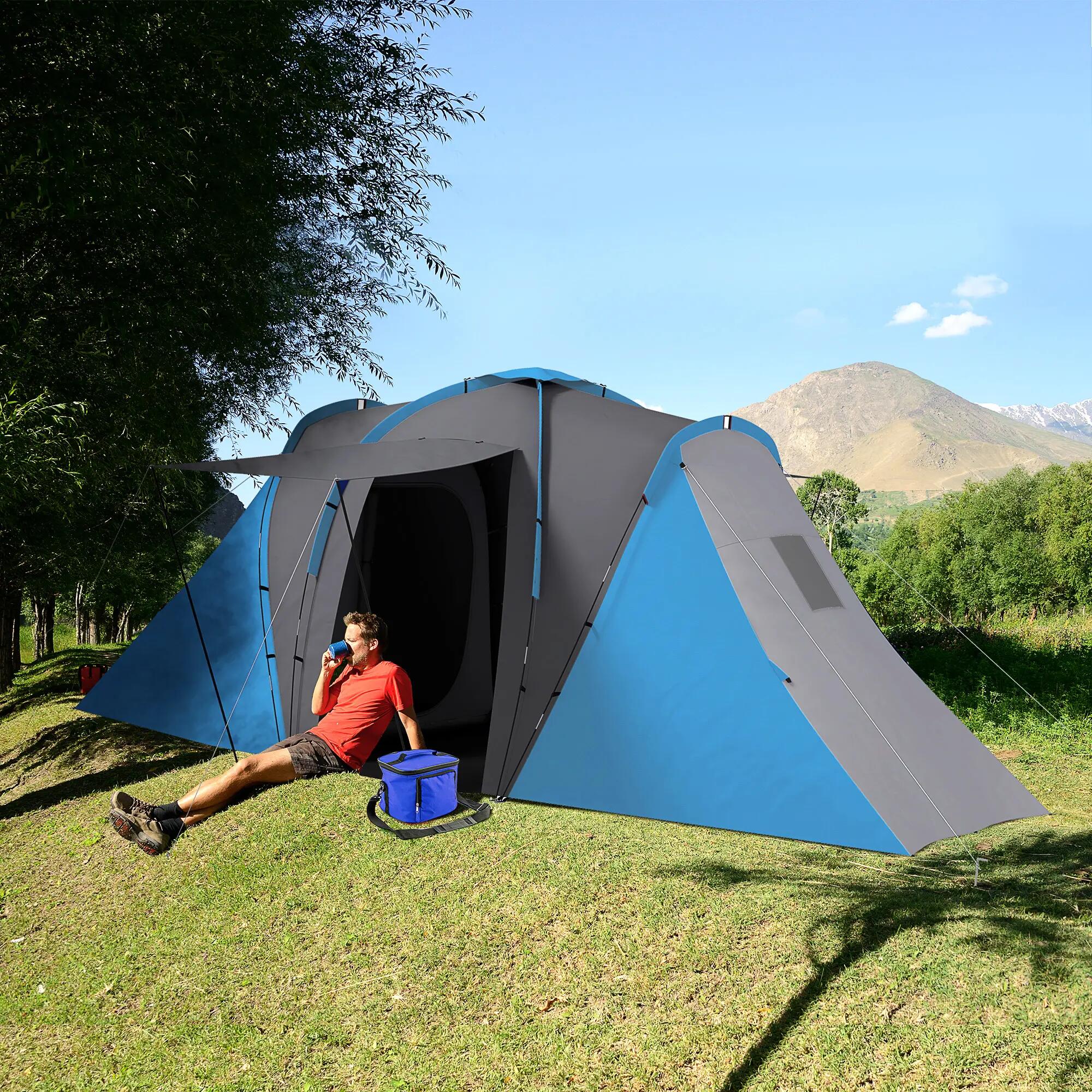 Tente tunnel - Camping - 2 chambres, 2000 mm - Gris/bleu 3/6