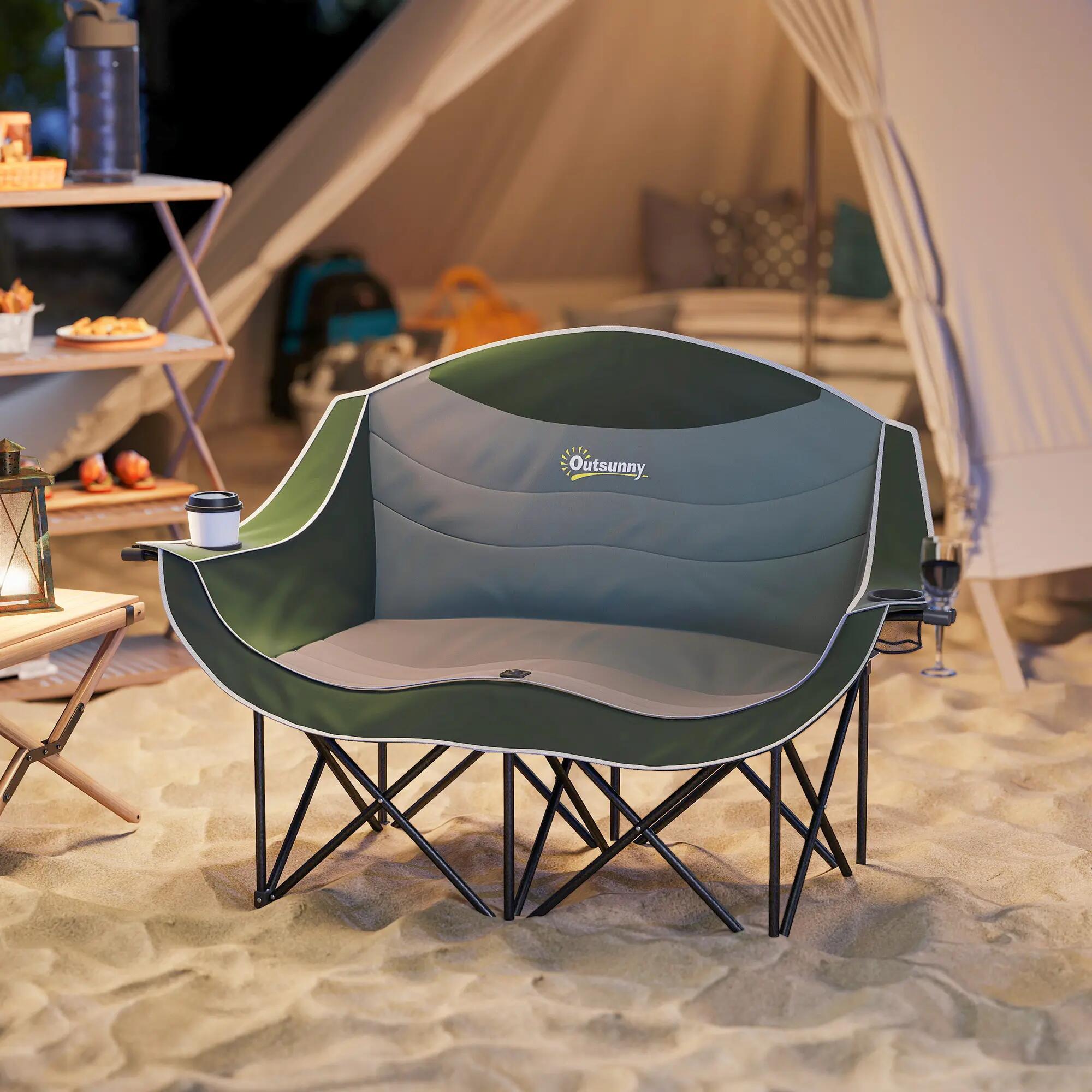Chaise camping pliante 2 places gobelet sac transport 250kg verte 3/6