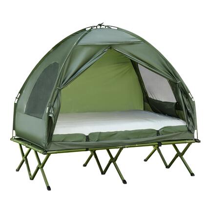 Tente de camping - Avec lit de camp et matelas gonflable - Vert