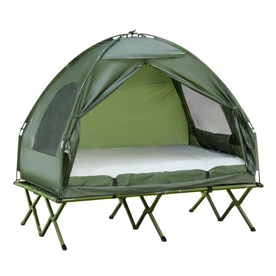 Tente de camping - Avec lit de camp et matelas gonflable - Vert