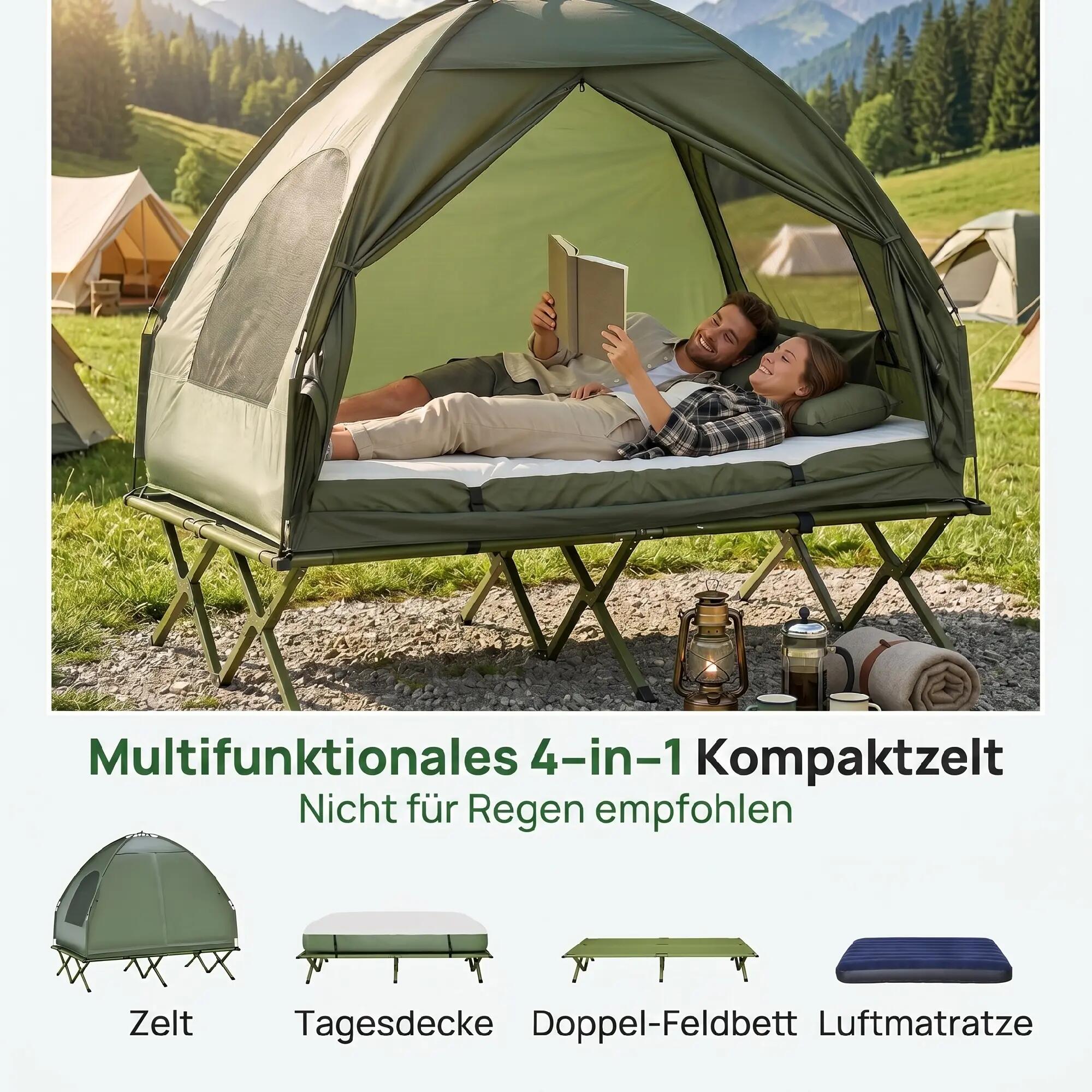 Tente de camping - Avec lit de camp et matelas gonflable - Vert 6/6