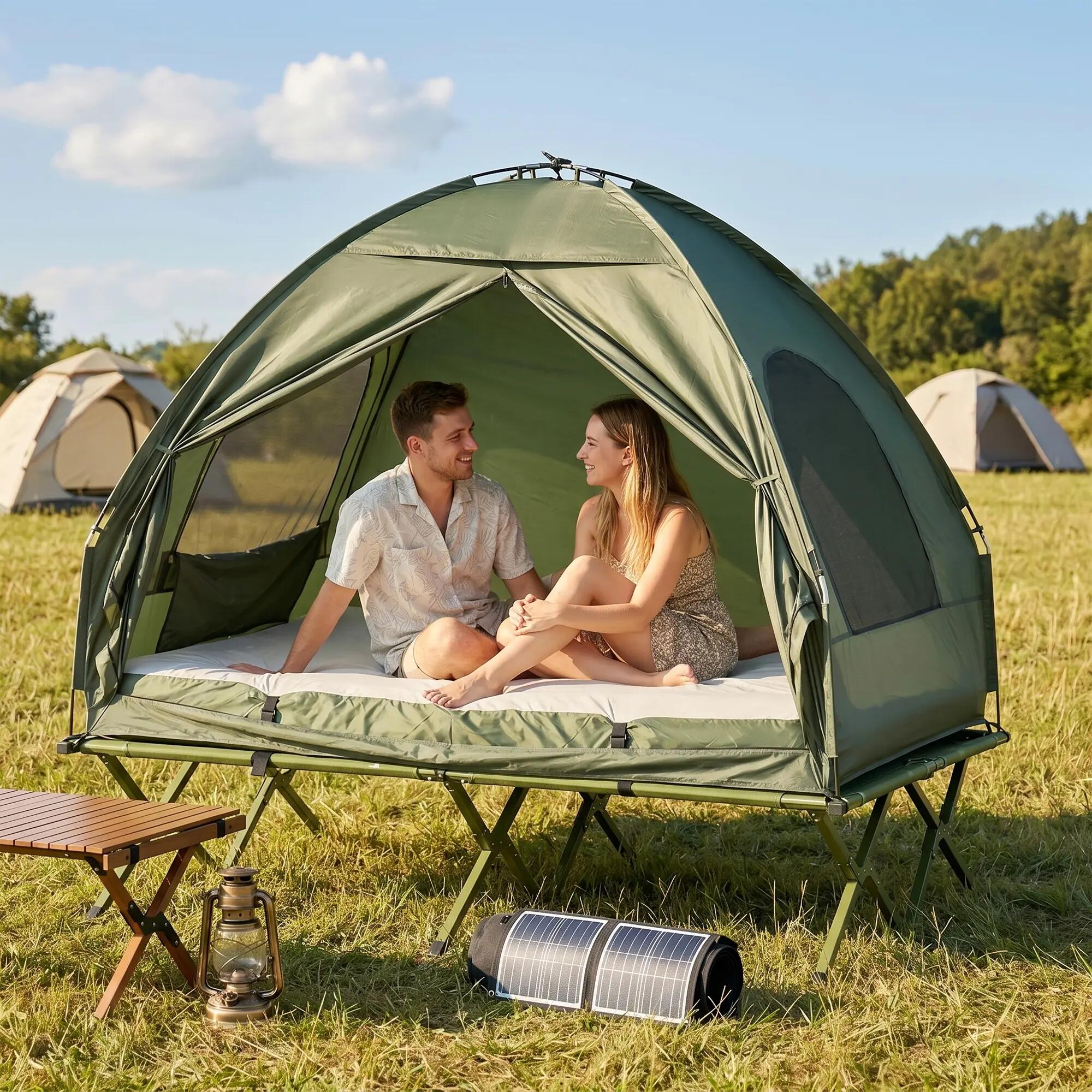 Tente de camping - Avec lit de camp et matelas gonflable - Vert 4/6