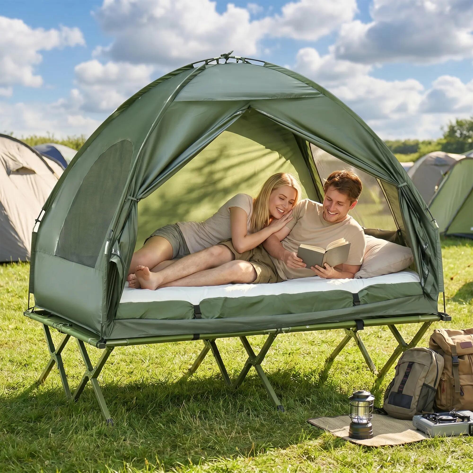 Tente de camping - Avec lit de camp et matelas gonflable - Vert 3/6