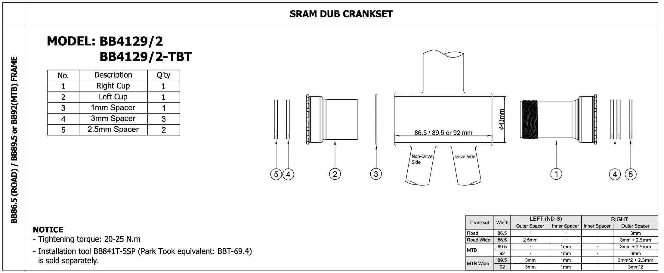 Suport TOKEN BB4129 NINJA – Rama BB86/BB89.5/BB92 do korb SRAM DUB 4/8