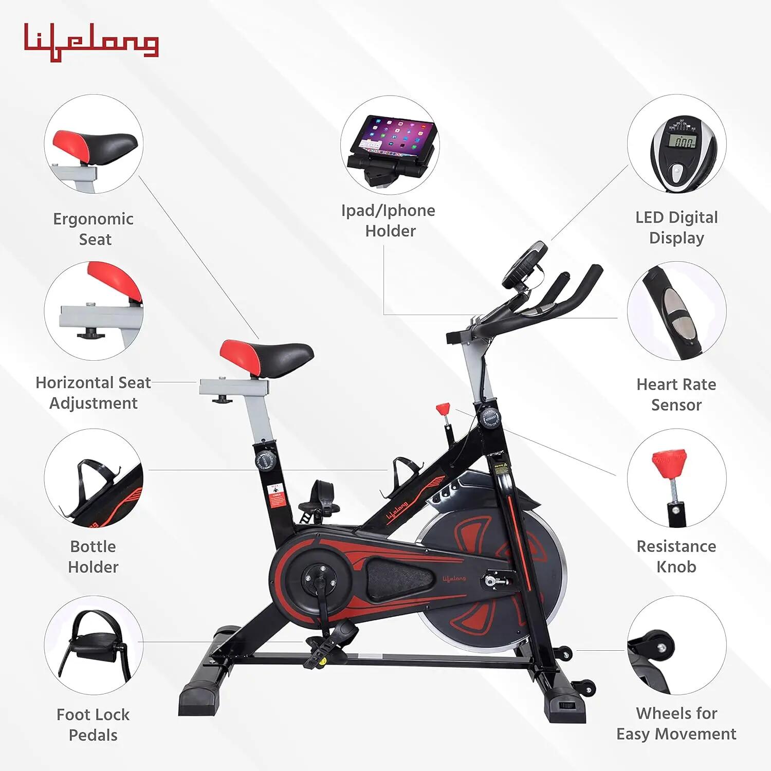 Lifelong Fit Pro Spin Fitness Bike with 10Kg Flywheel, Adjustable Resistance, LCD Monitor and Heart Rate Sensor for Fitness at Home, (LLF199, Black) -  3