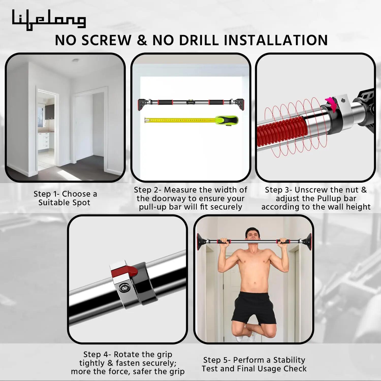 Lifelong Pull Up Bar for Home -Adjustable Rod 75cm to 92cm width, wall mounted without screws -Door Pull up bar to Increase Height -Exercise equipment for Home Gym - Chin up Bar weight capacity 200Kgs -  5