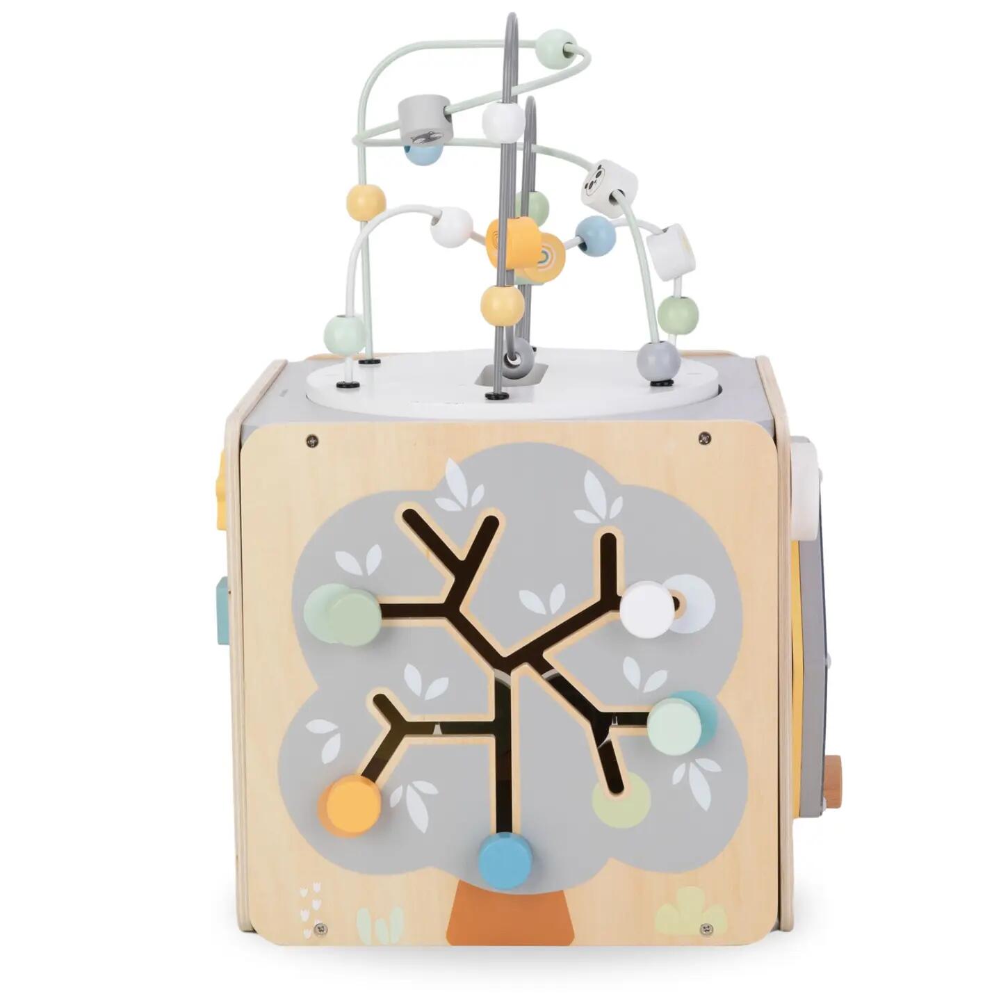 Grote houten Montessori activiteitenkubus met motorieklus 34 x 52 cm 8/14