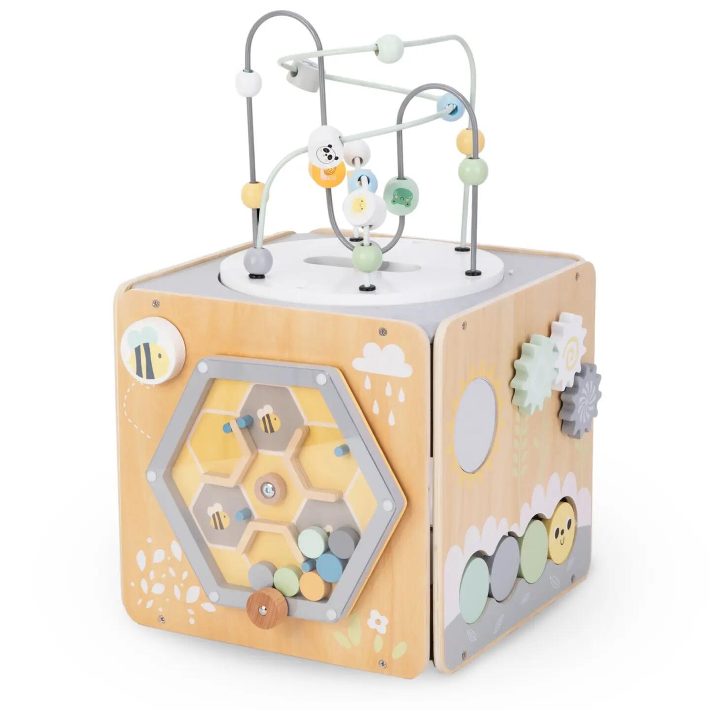 Grote houten Montessori activiteitenkubus met motorieklus 34 x 52 cm 12/14