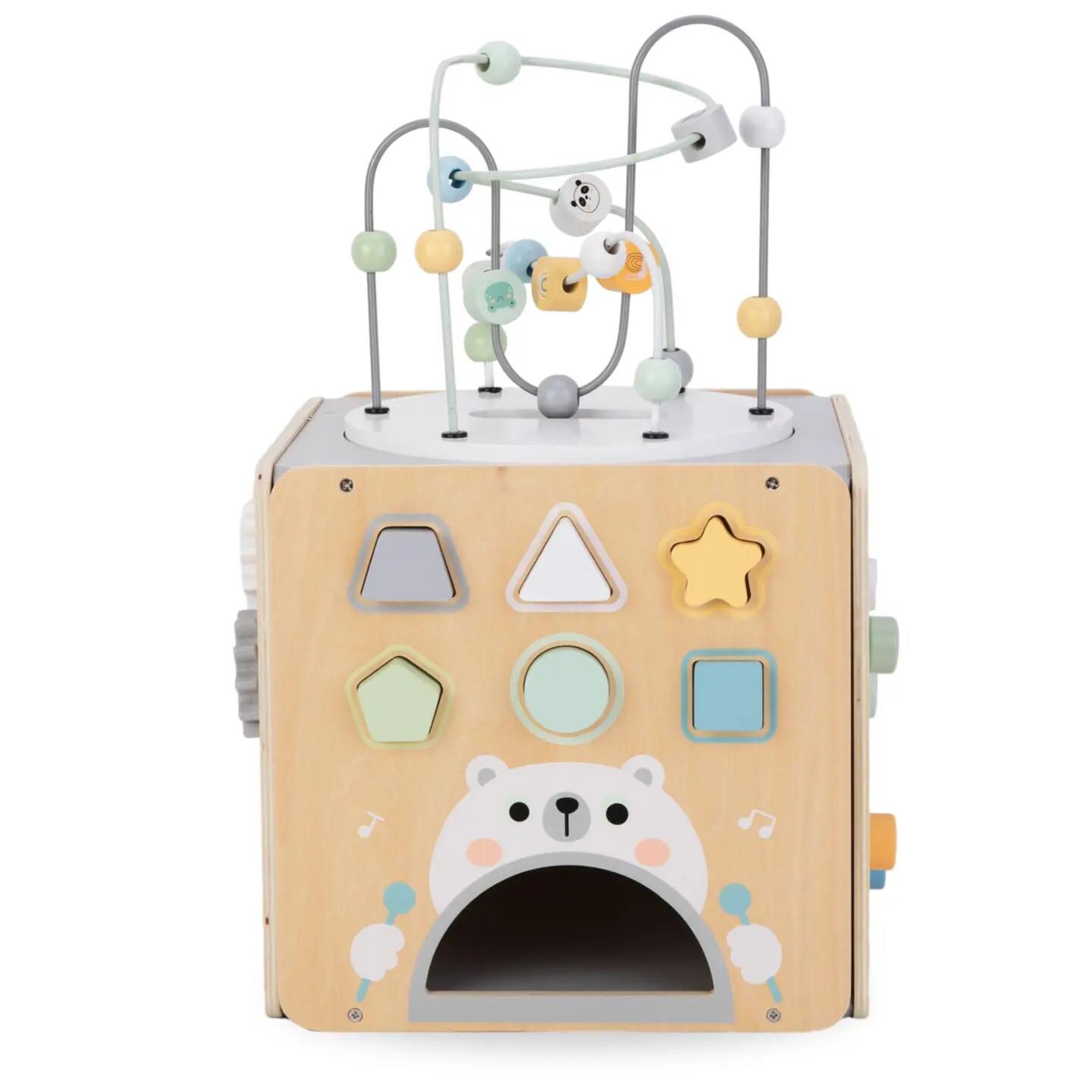 Grote houten Montessori activiteitenkubus met motorieklus 34 x 52 cm 10/14