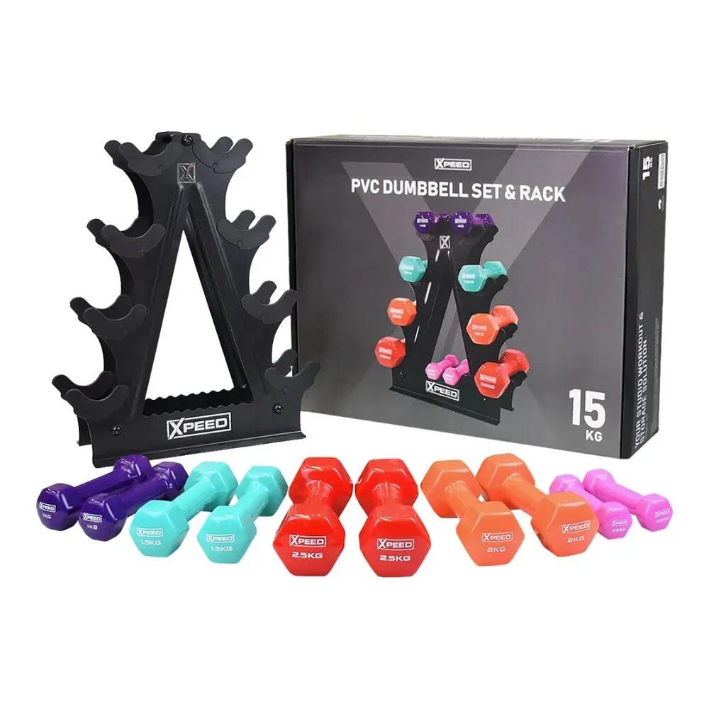 Xpeed 15kg PVC Dumbbell Set + Rack