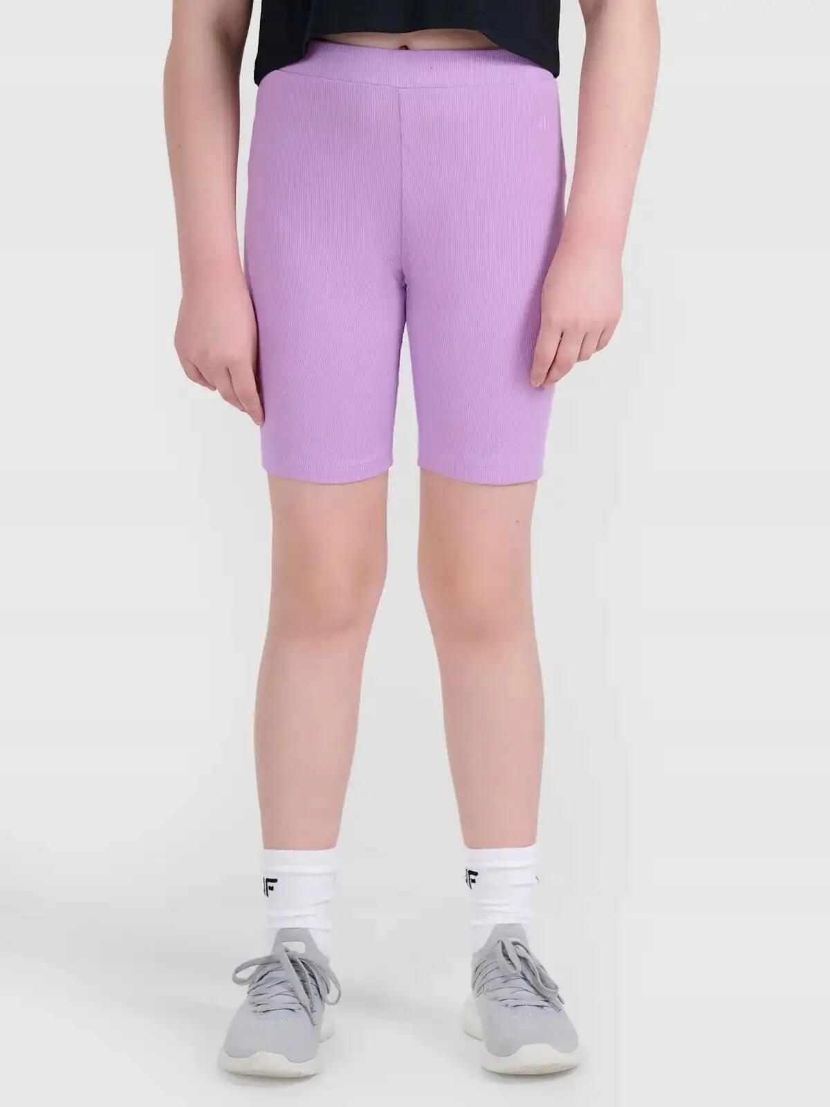 SPODENKI DZIEWCZĘCE 4F LEGGINSY KRÓTKIE KOLARKI PRĄŻKOWANE   FIOLETOWE 2/6