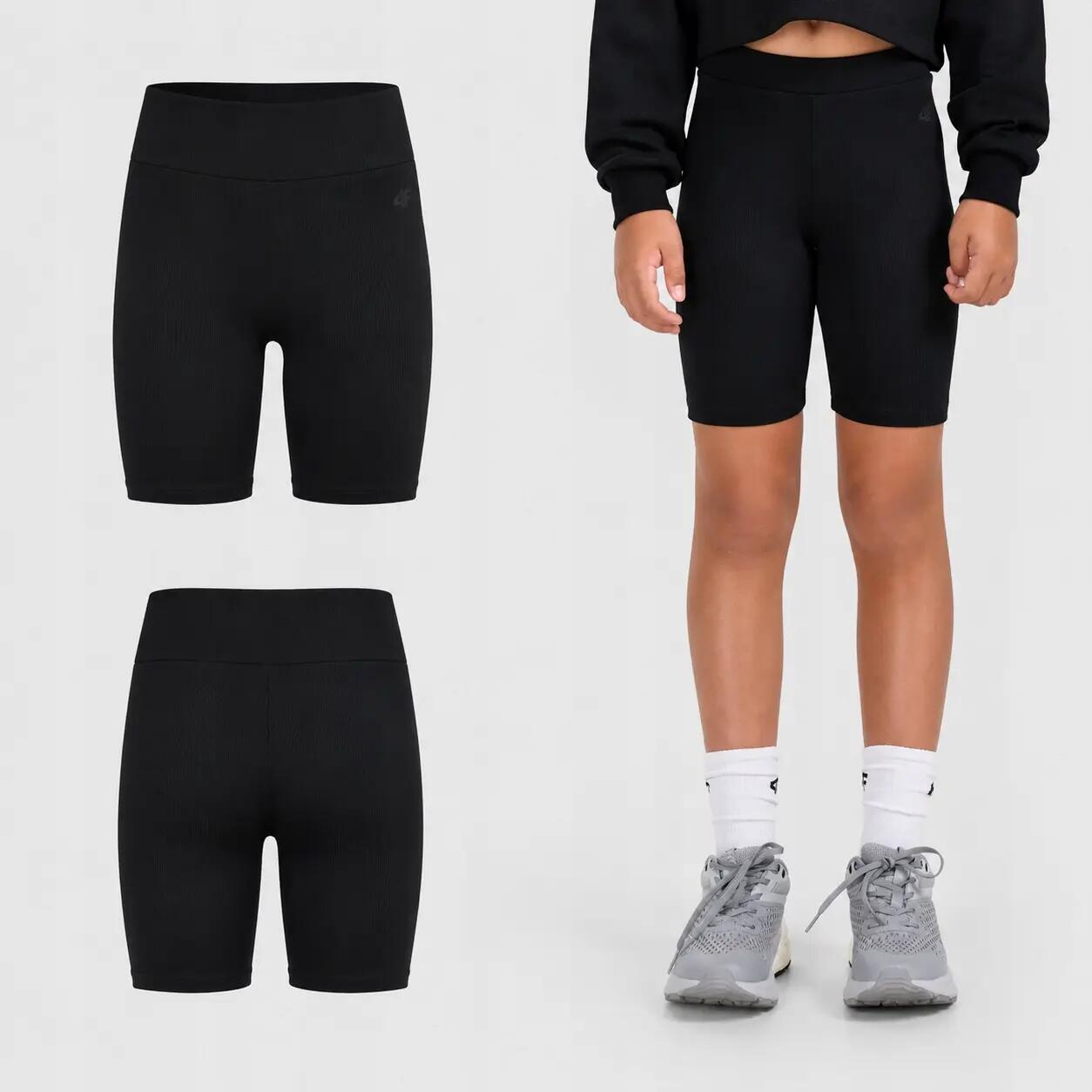 SPODENKI DZIEWCZĘCE 4F LEGGINSY KRÓTKIE KOLARKI PRĄŻKOWANE   CZARNE 1/6