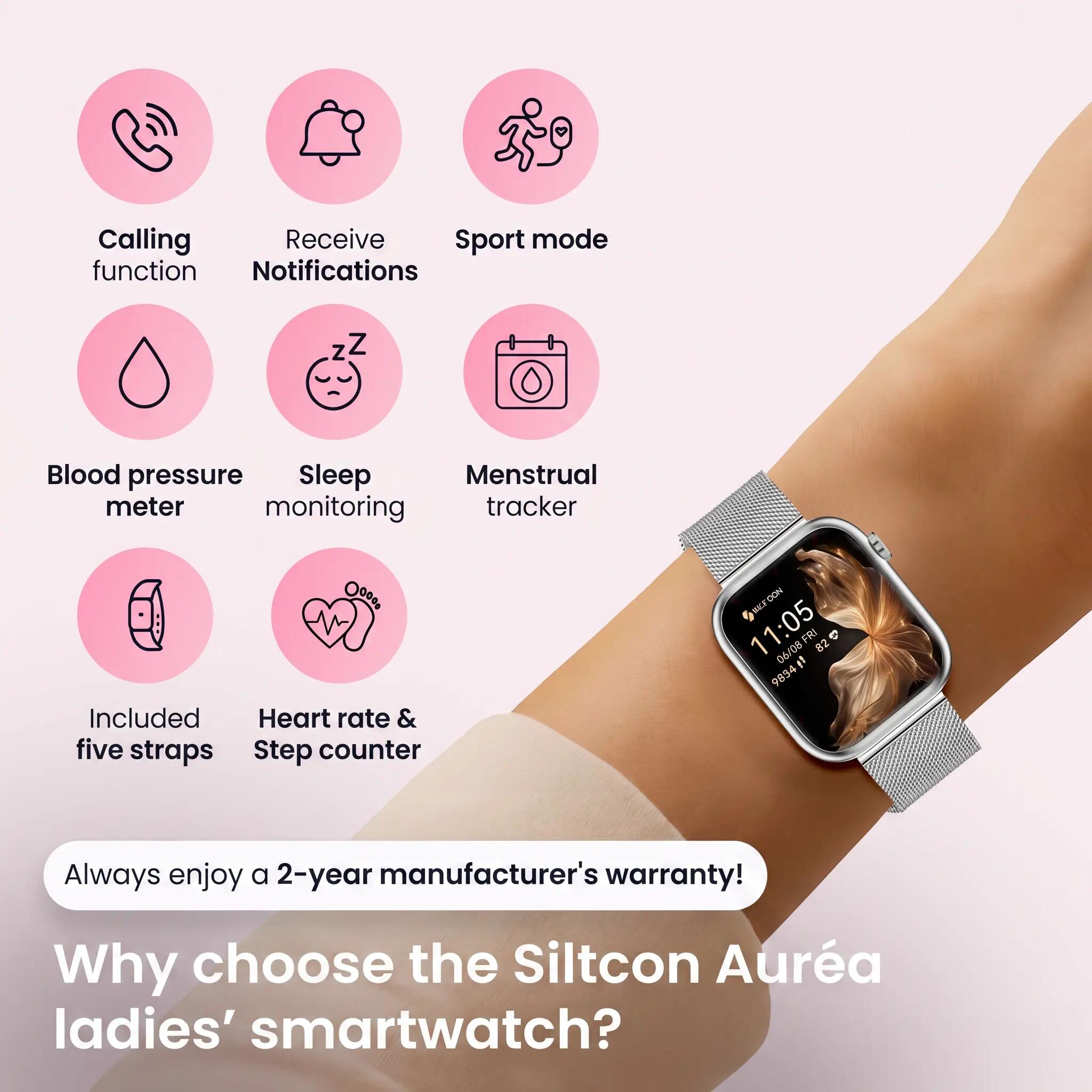 Smartwatch Seréa AMOLED – Belfunctie – 5 Bandjes – Zilver 5/11